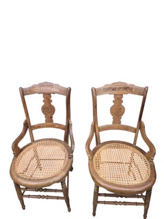 Antique French Provincial Oak Dining Armchairs with Cane Seats - Set of 5