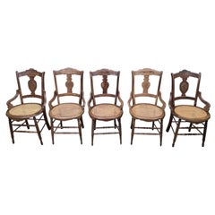 Antique French Provincial Oak Dining Armchairs with Cane Seats - Set of 5