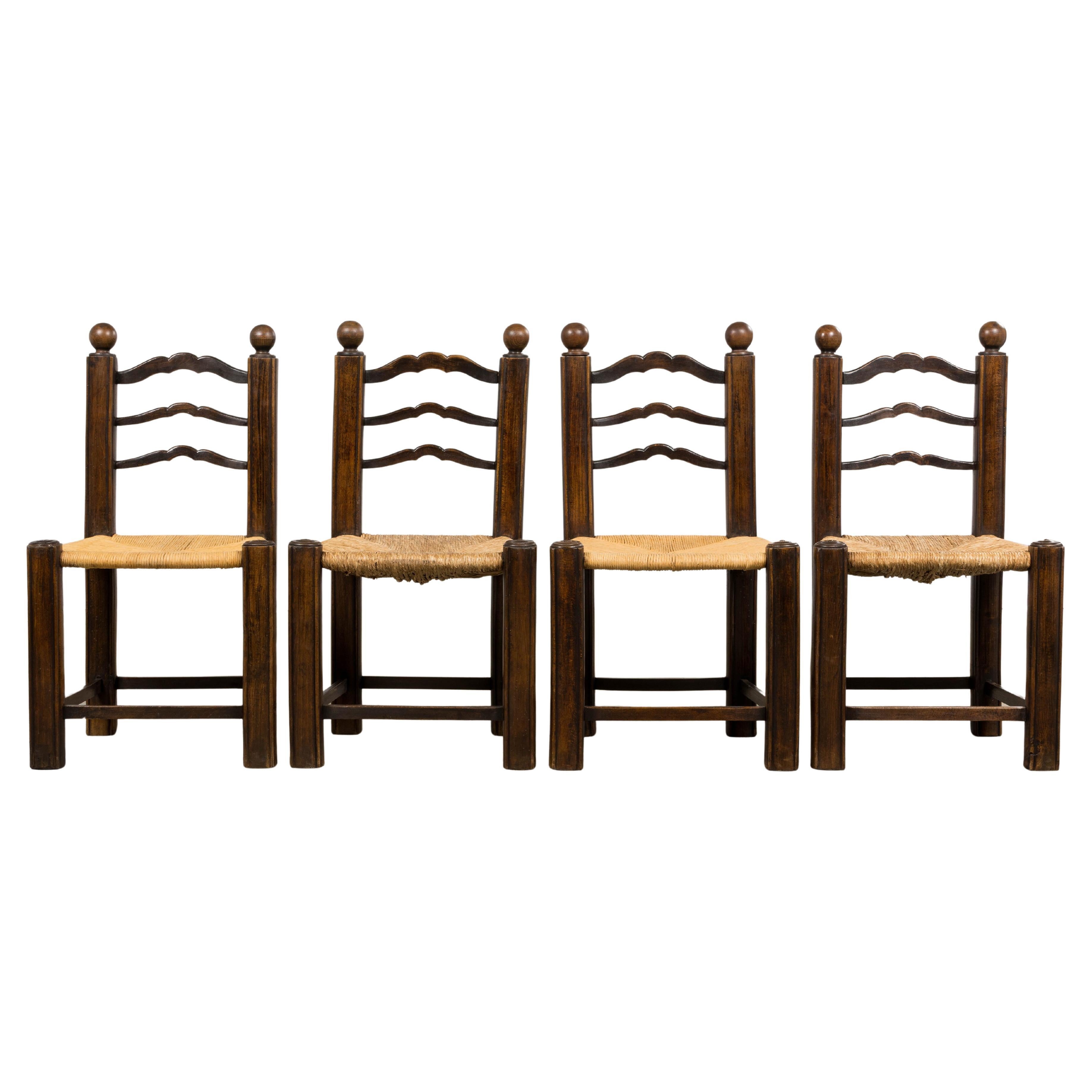 Antique French Provincial Oak Ladder Back Dining Chairs - Set of 4 For Sale