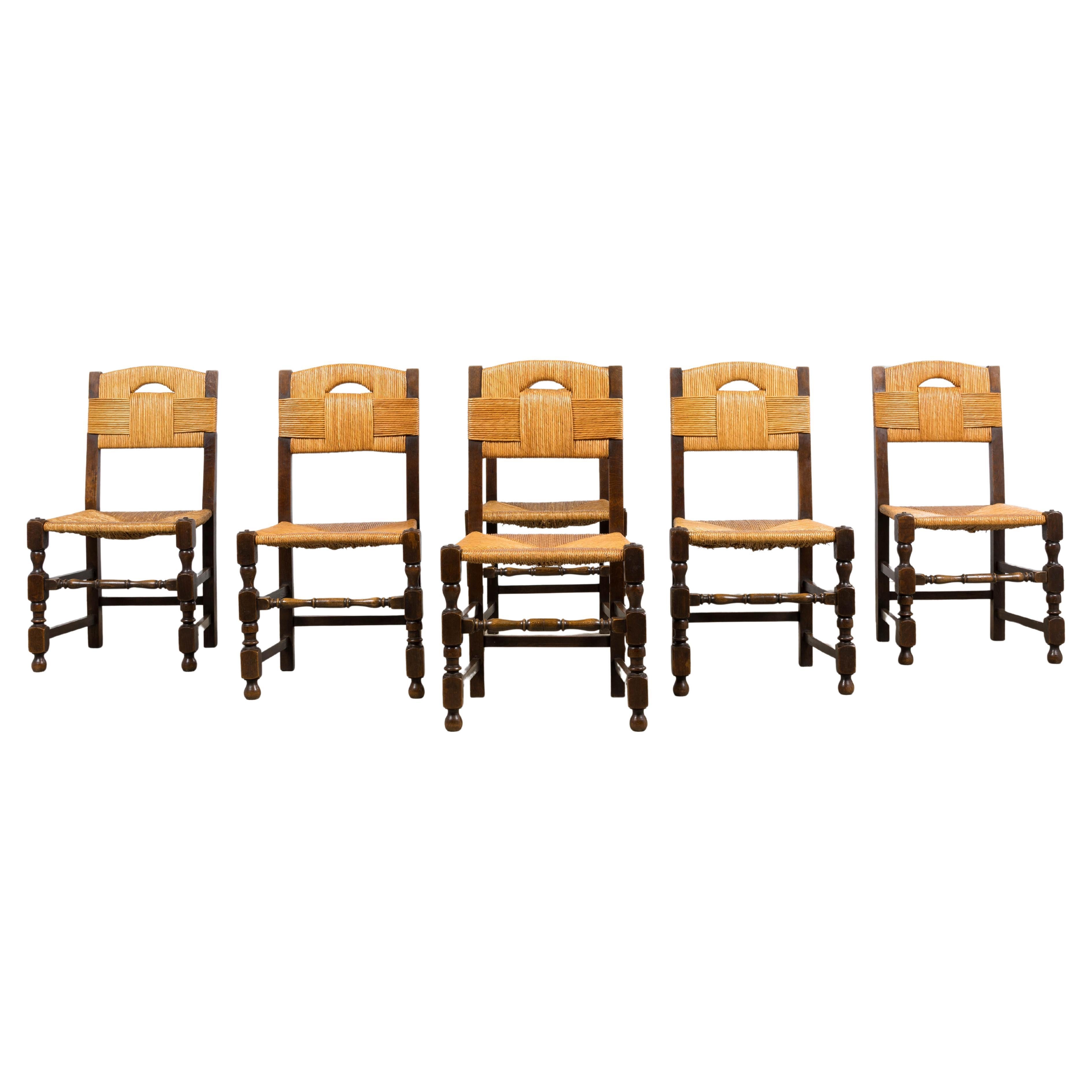 Antique French Provincial Oak Rush Seat Esszimmerstühle - Satz von 6 im Angebot