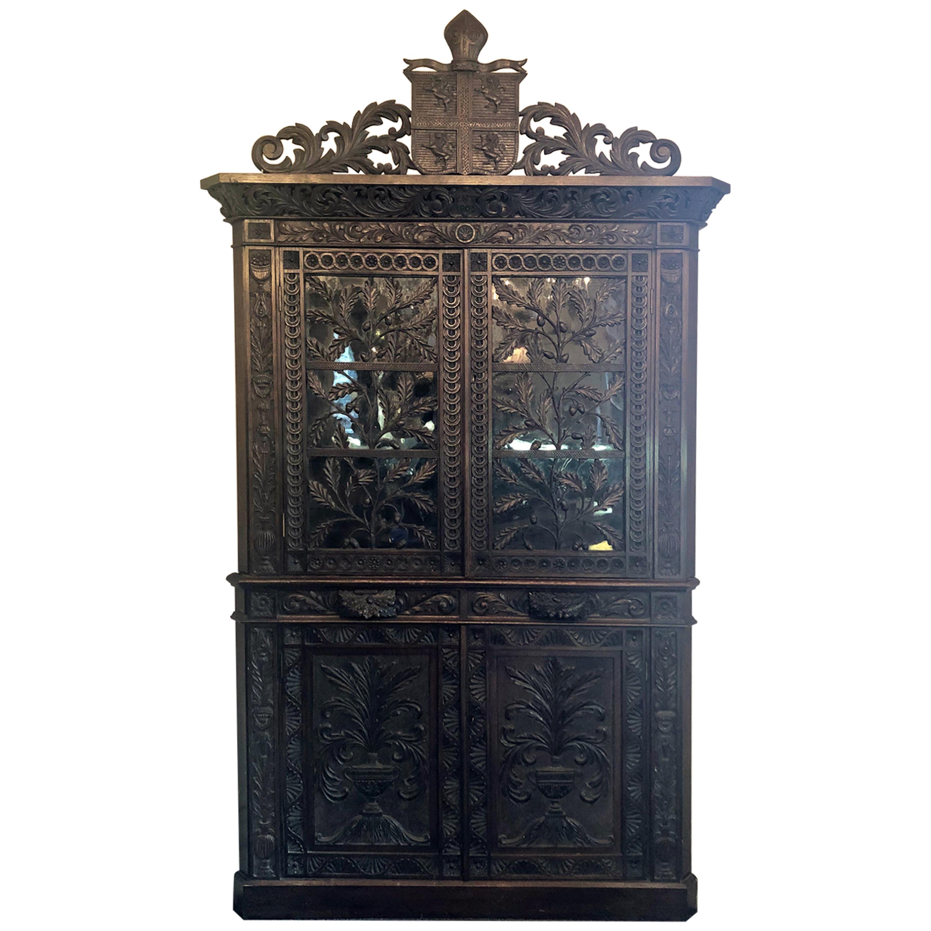 Antique French Provincial Ornately Carved Oak Corner Cabinet with Heraldic Crest