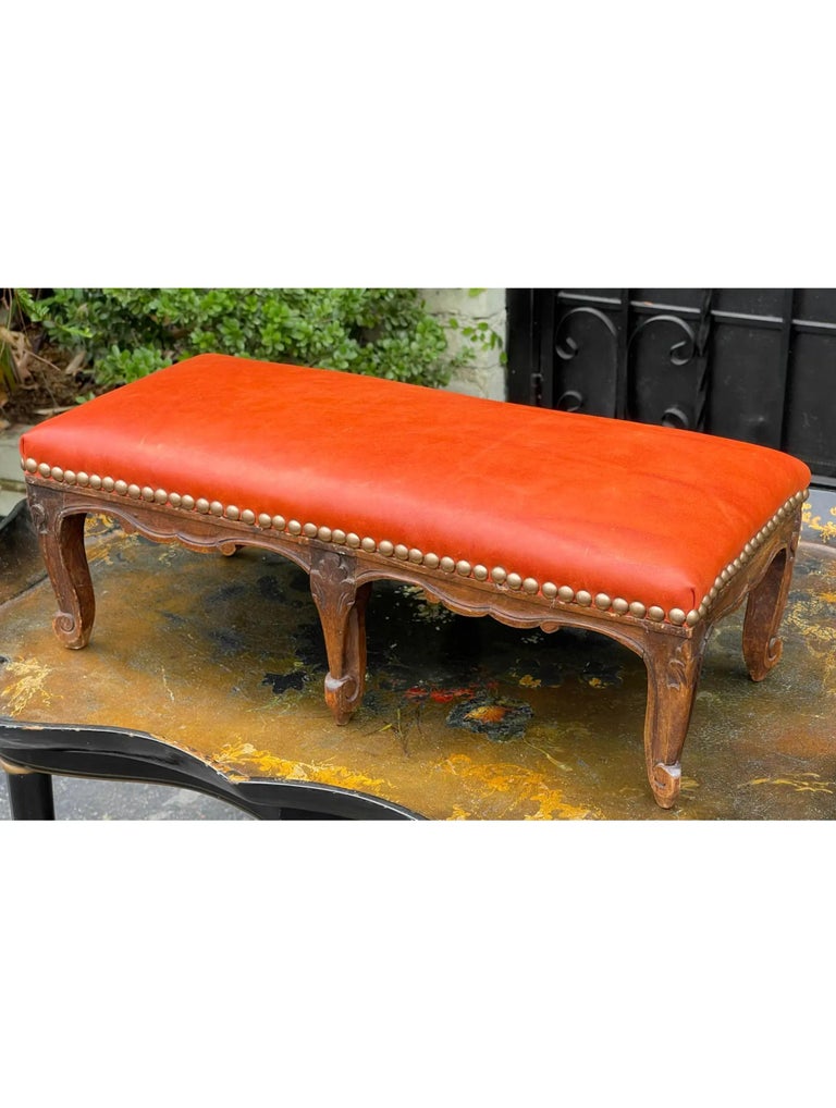 Antique 19 C French Provincial Ottoman Low Foot Stool - Leather