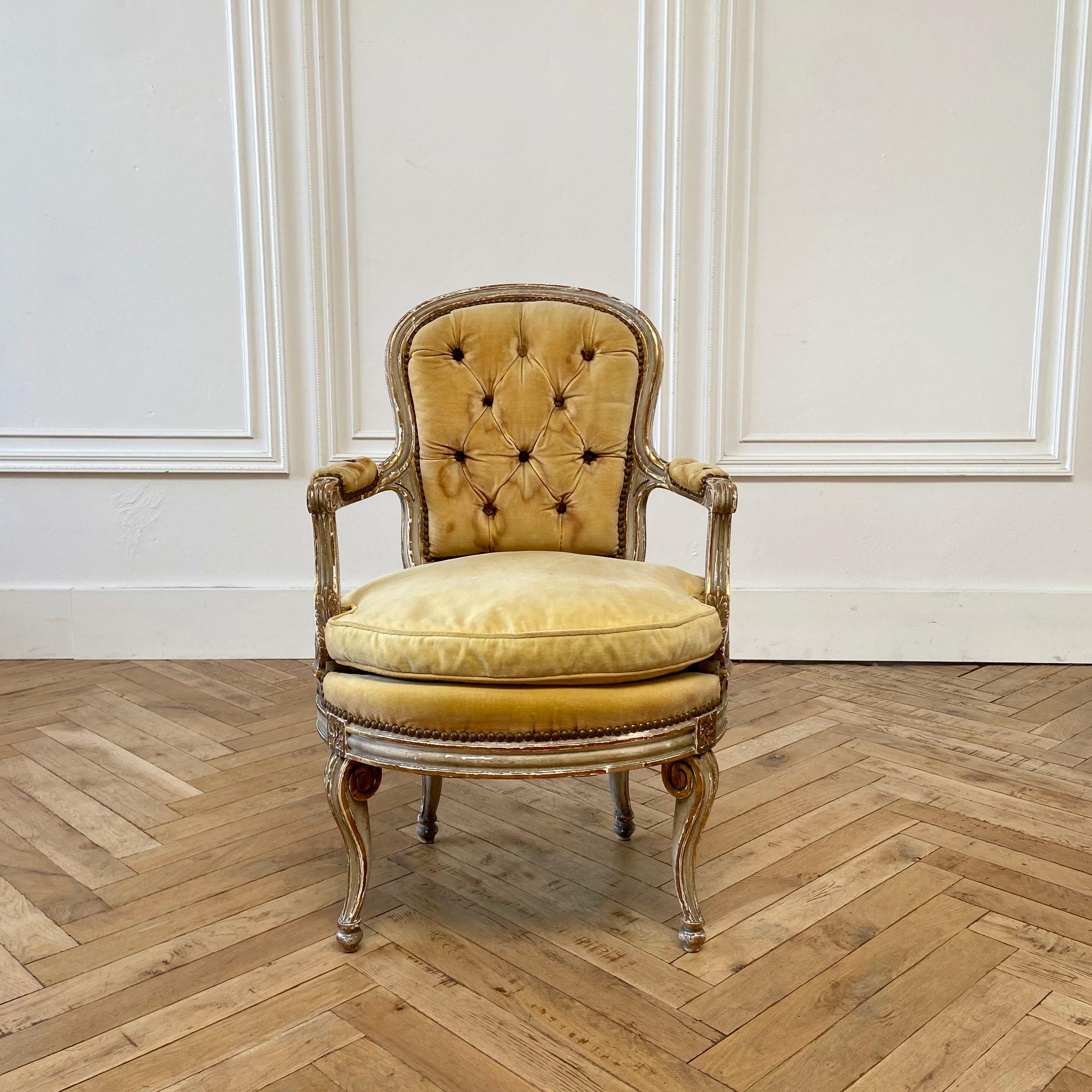 Antique French Provincial painted and upholstered open arm chair.
Louis XVI style chair
Size:
24” W x 24” D x 36” H
Seat height: 18”
Seat depth: 18”
Arm height: 24”

Painted in a Gustavian gray color, and mustard velvet upholstery.