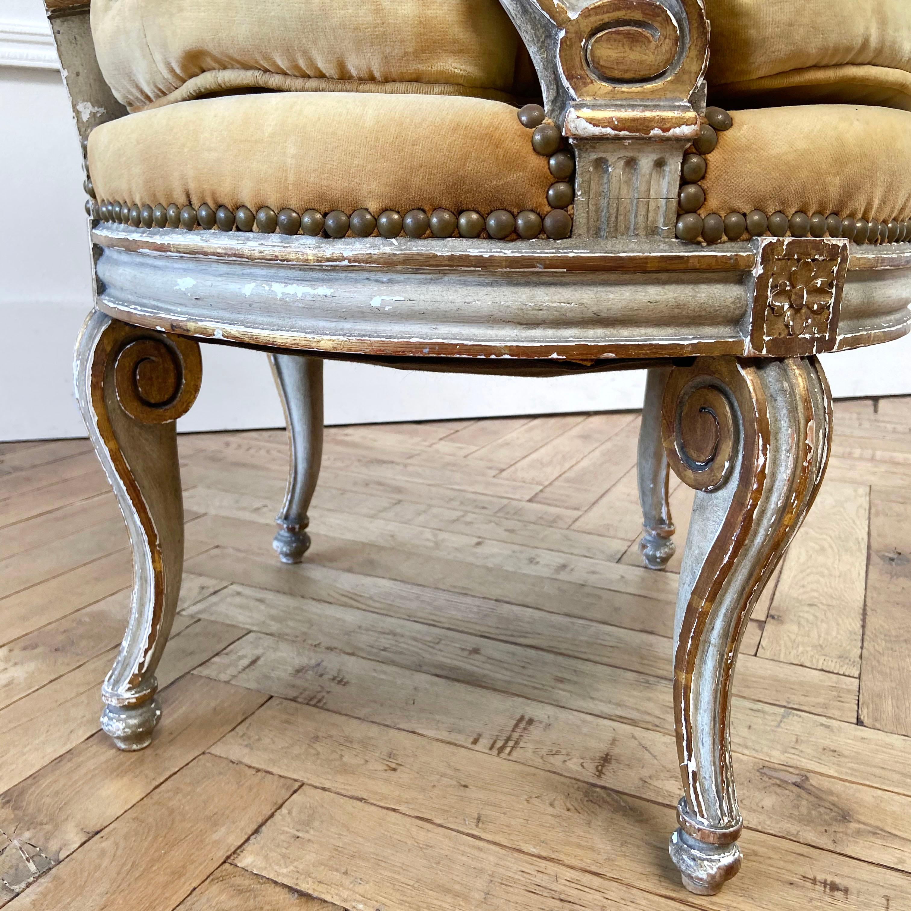 Antique French Provincial Painted and Upholstered Open Arm Chair In Good Condition In Brea, CA
