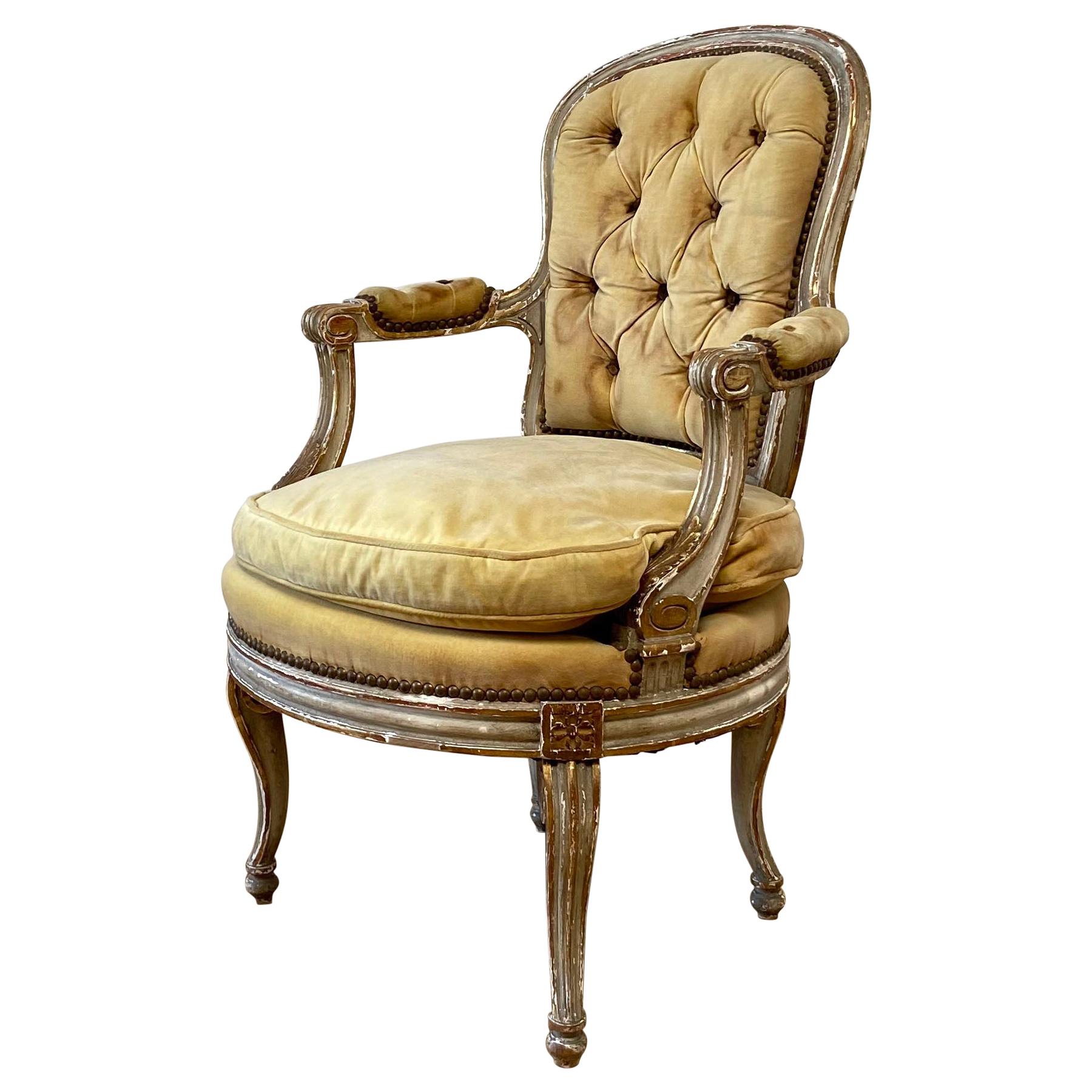 Antique French Provincial Painted and Upholstered Open Arm Chair