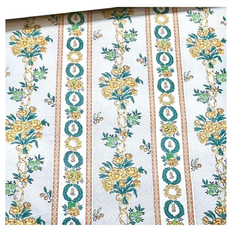 Antique French Provincial Paul Dumas Floral Hand Printed Wallpaper, Green Yellow For Sale