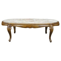 Antique French Provincial Pink Marble Serpentine Carved Walnut Oval Coffee Table