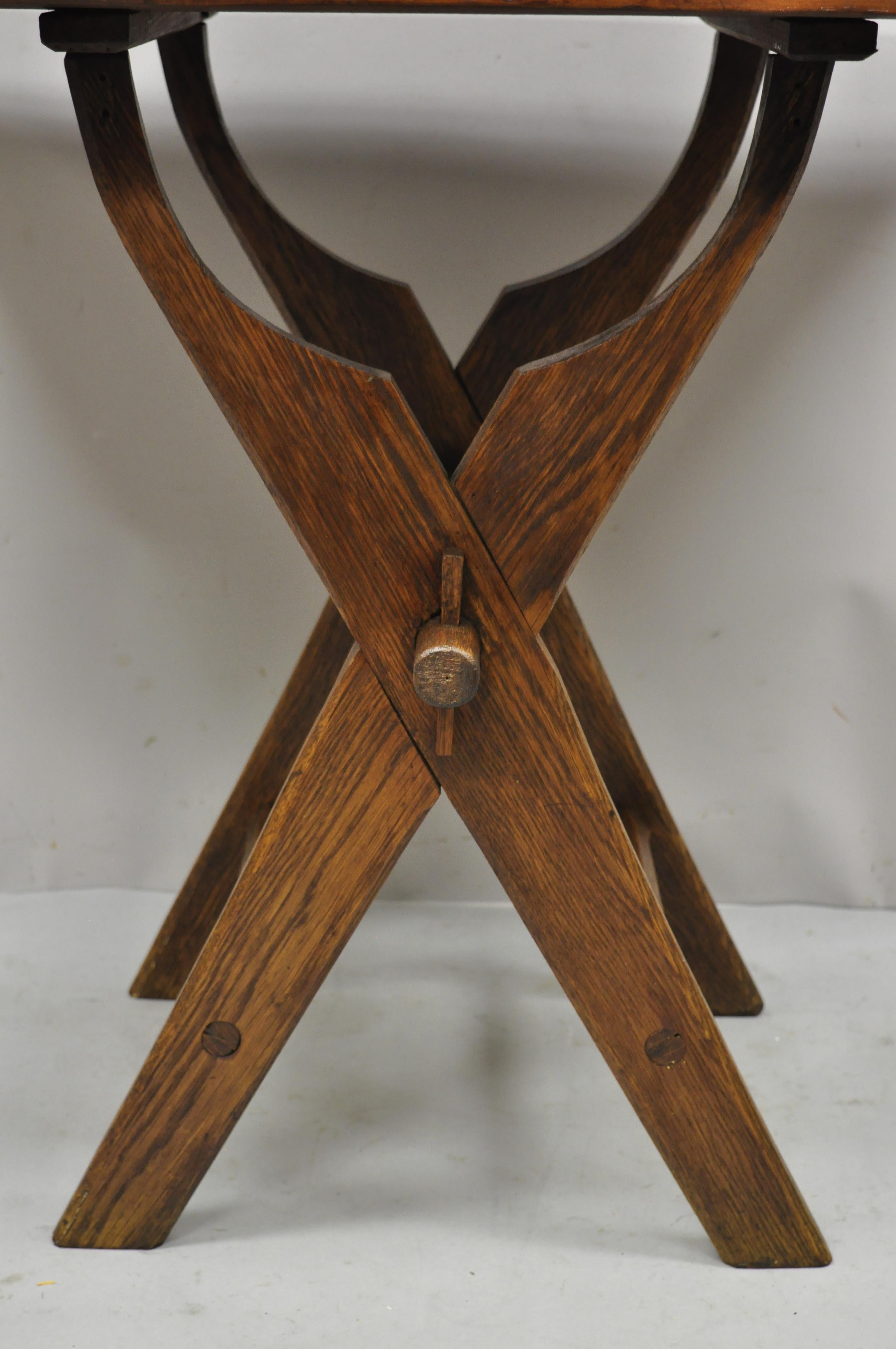 Antique French Provincial Primitive Cherry & Oak Wood X-Frame Scissor Work Table In Good Condition In Philadelphia, PA
