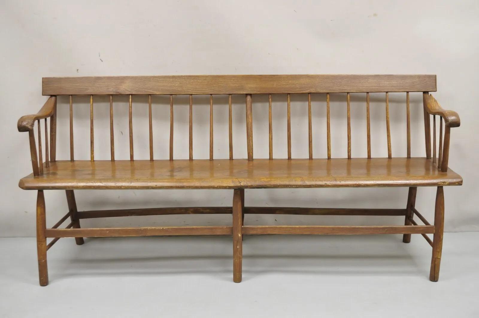Antique French Provincial Primitive Rustic Pine Wood Long Entry Hall Bench For Sale 7