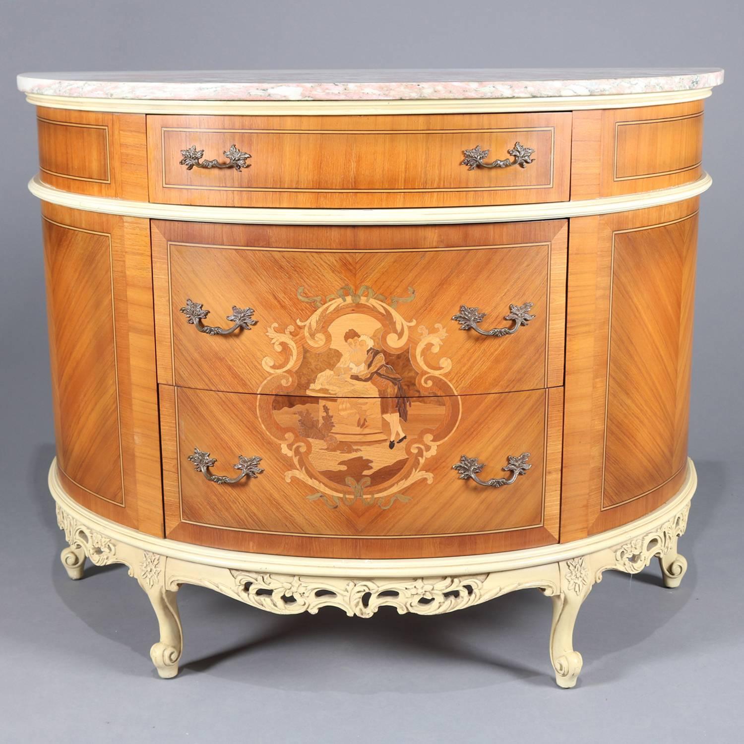 Antique French provincial Demilune Stand features bookmatched and banded satinwood case with three drawers with central pictorial marquetry inlay of courting scene with marble top and pierced and painted scroll form skirt and raised on cabriole legs