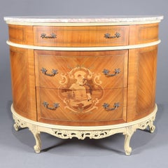 Antique French Provincial Satinwood Banded Marquetry Marble Demilune Stand