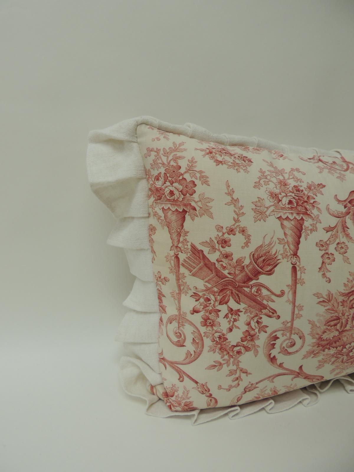 Antique French Provincial Toile decorative bolster pillow with Grain Sack ruffles
Antique red and white decorative Toile bolster pillow. Accent pillow framed with an antique homespun linen and the Classic custom flat ruffle pleats all around. The