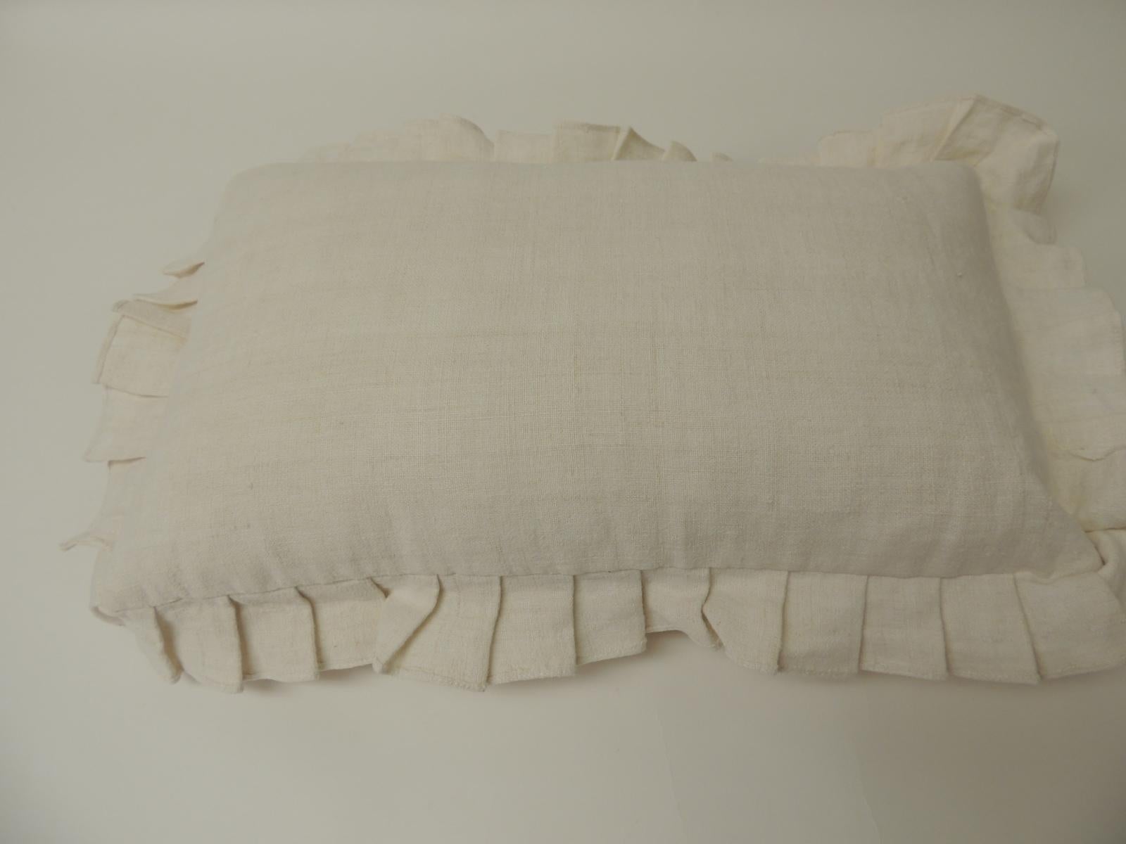French Provincial Antique French Toile Decorative Bolster Pillow with Grain Sack Trim