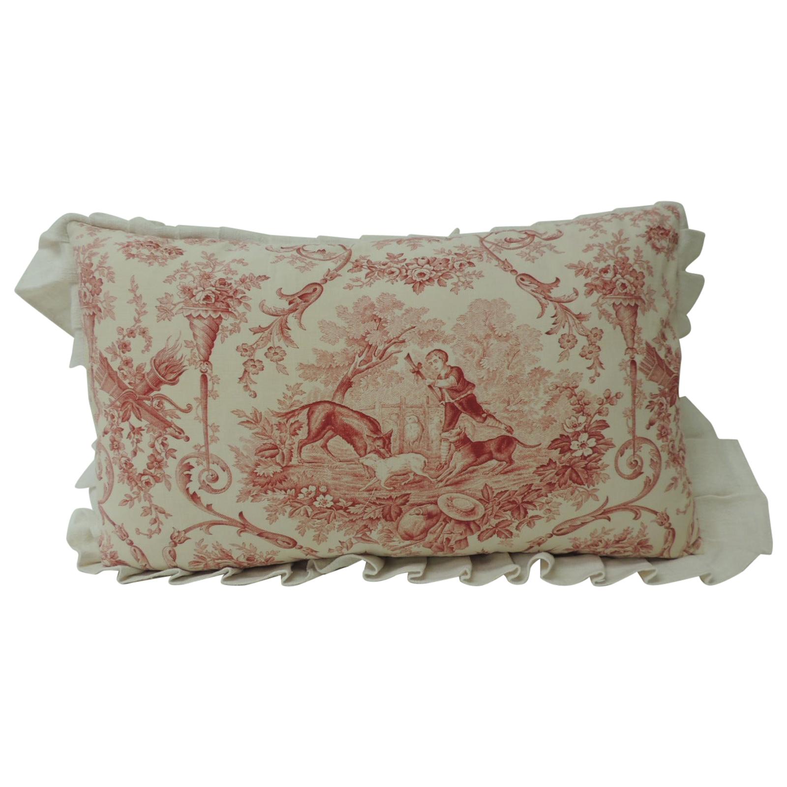 Antique French Toile Decorative Bolster Pillow with Grain Sack Trim