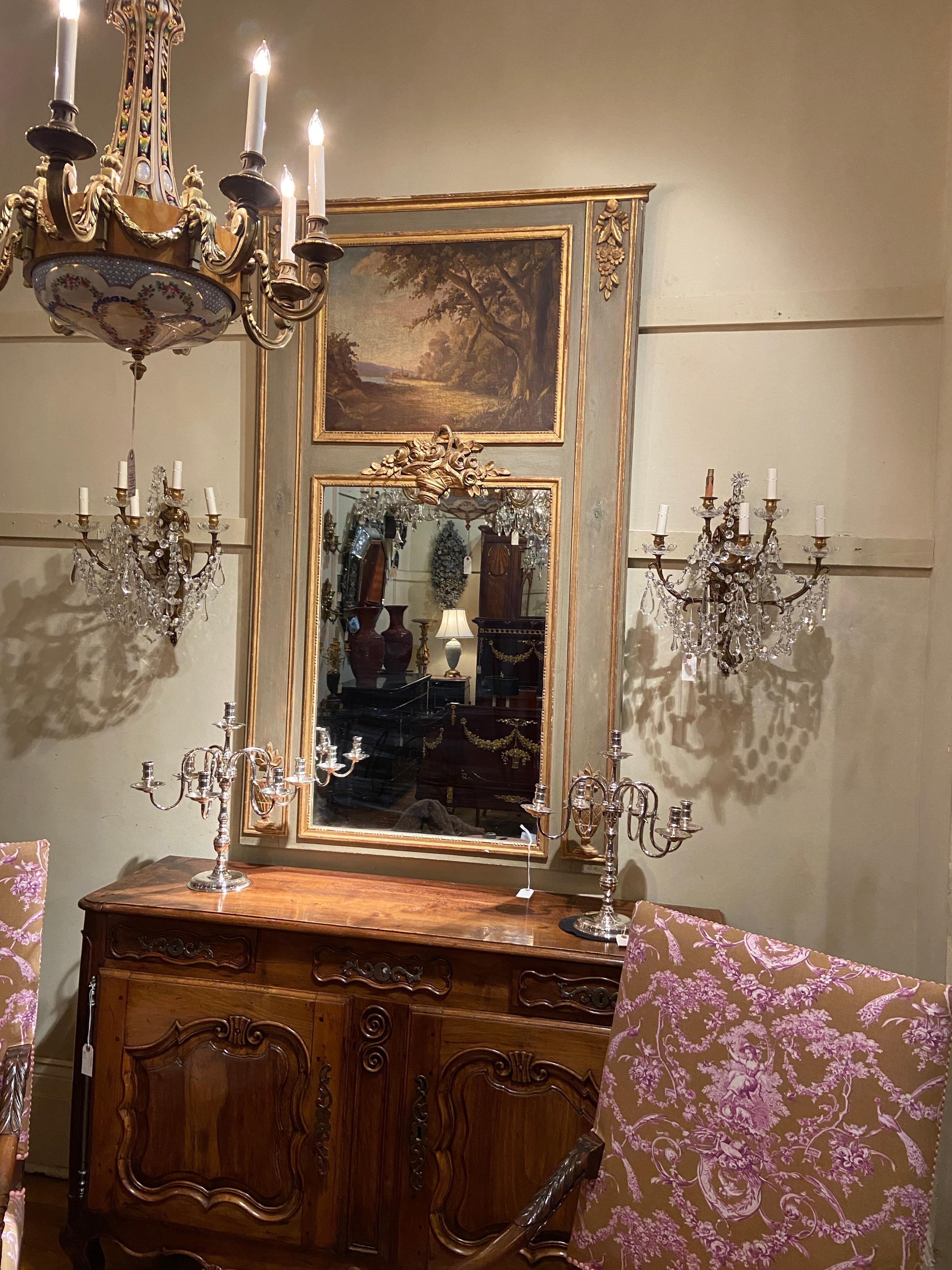 19th Century Antique French Provincial Trumeau Mirror with Landscape Scene, Circa 1880 For Sale