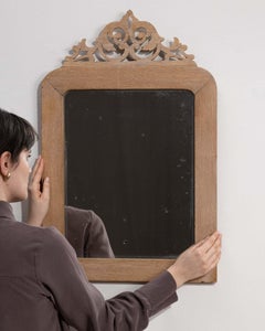 Antique French Provincial Wall Mirror, Carved Oak Crest, 1900s
