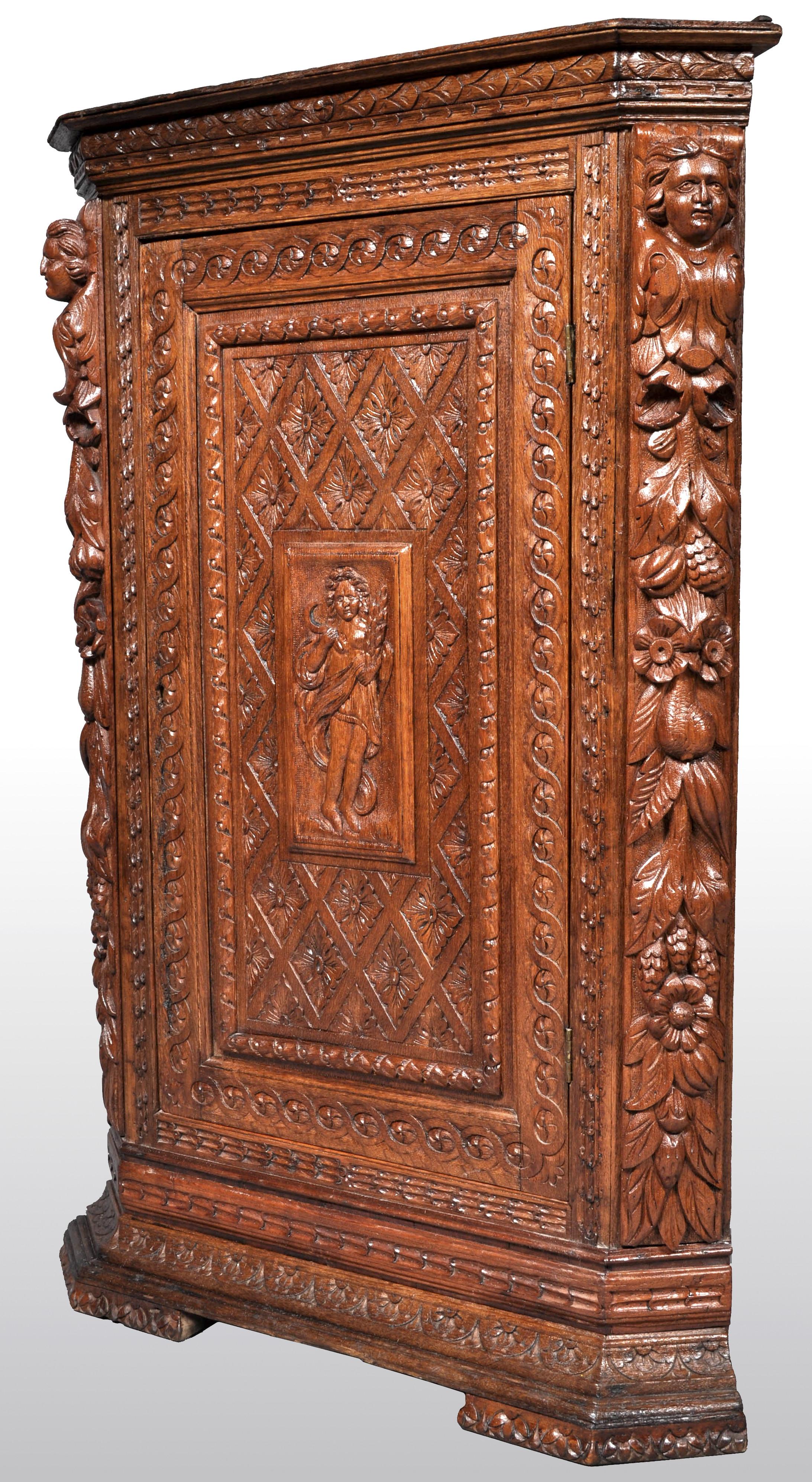 Hand-Carved Antique French Baroque Carved Oak Corner Cabinet, circa 1780
