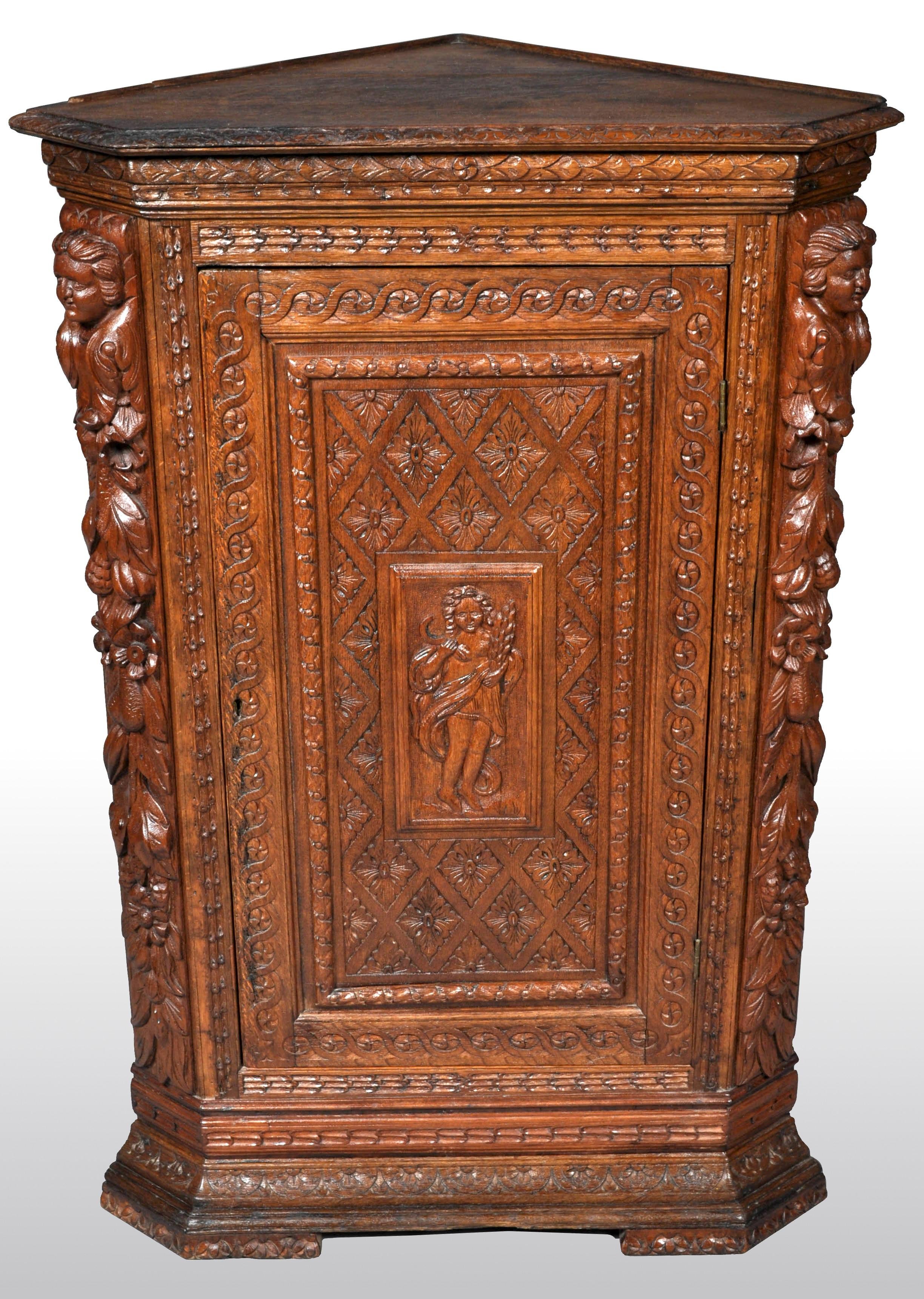Antique French Baroque Carved Oak Corner Cabinet, circa 1780 In Good Condition In Portland, OR