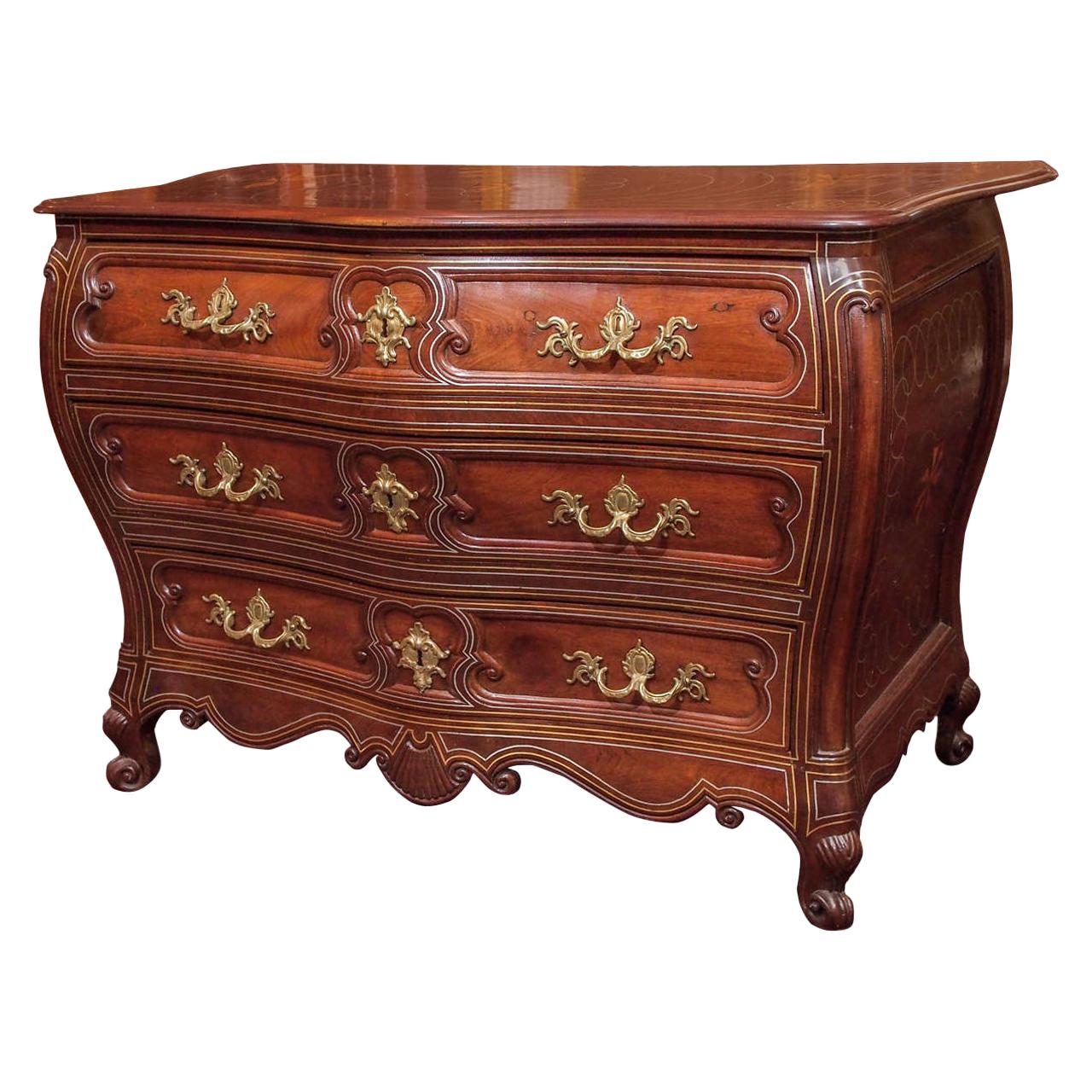 Antique French Provincial Walnut Bombe Chest with Metal Inlay, circa 1780-1810 For Sale