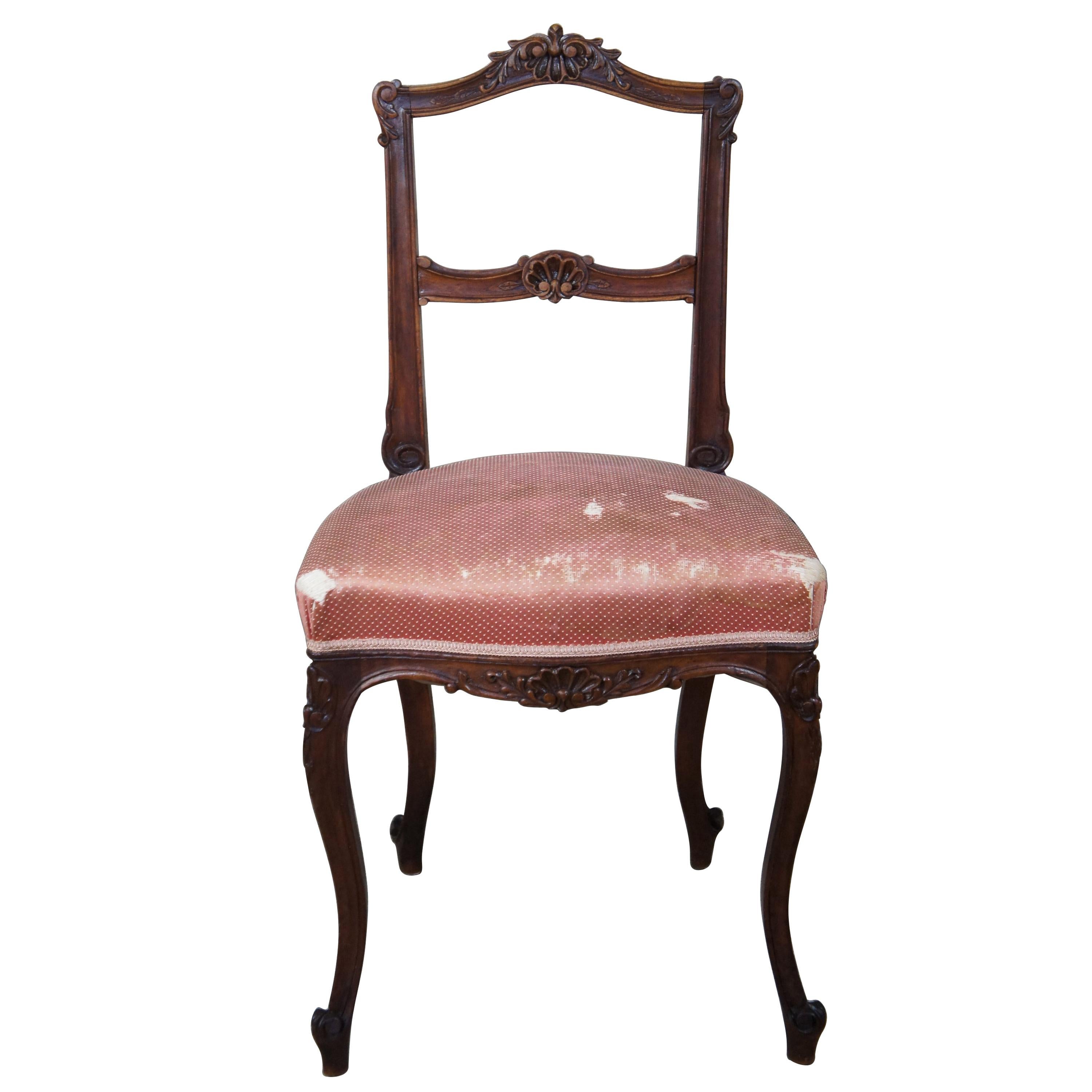 Antique French Provincial Walnut Carved Parlor Side Accent Desk Chair Scalloped