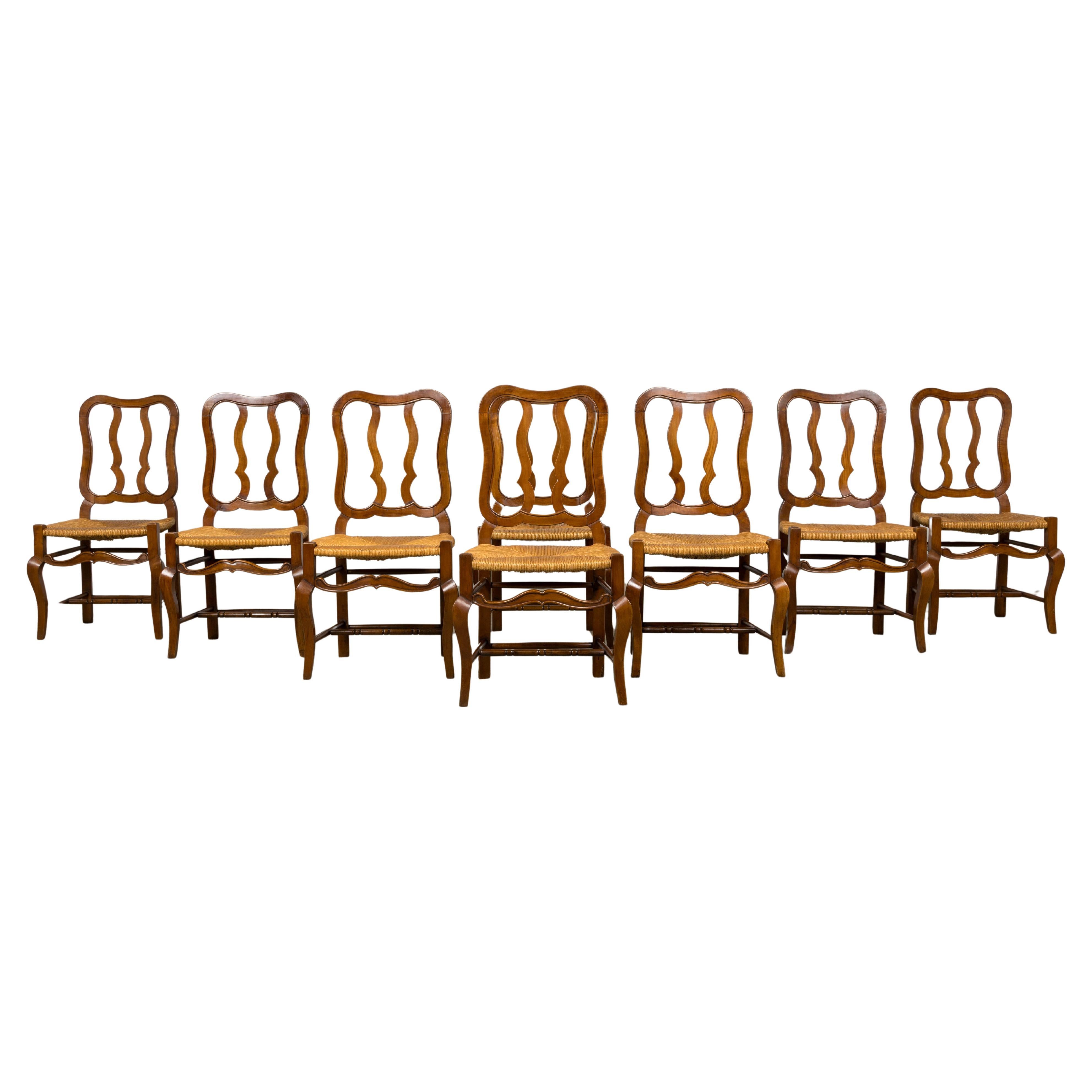 Antique French Provincial Walnut Dining Chairs with Rush Seats - Set of 8