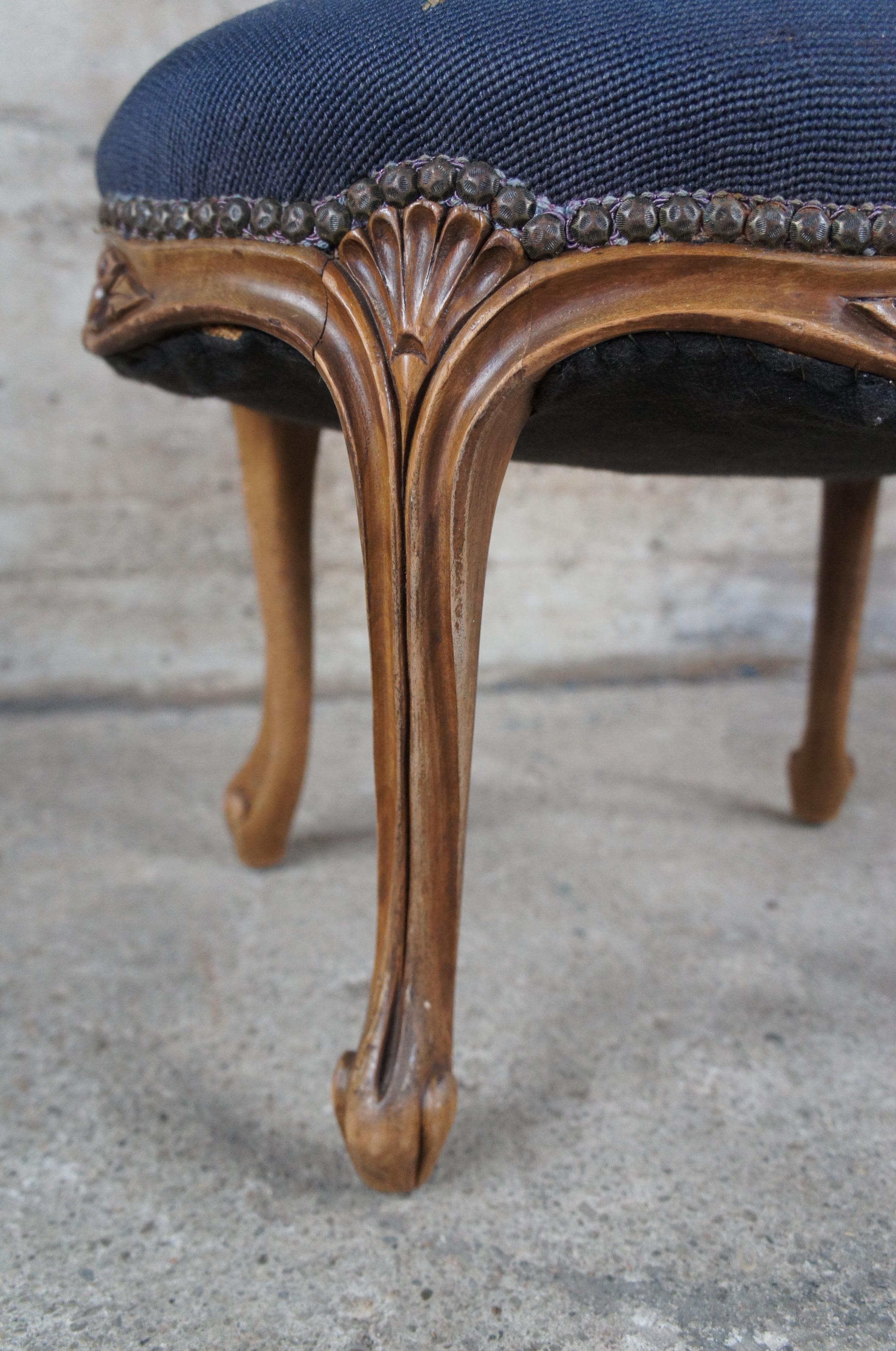 Antique French Provincial Walnut Needlepoint Stool Foot Rest Ottoman Seat 1