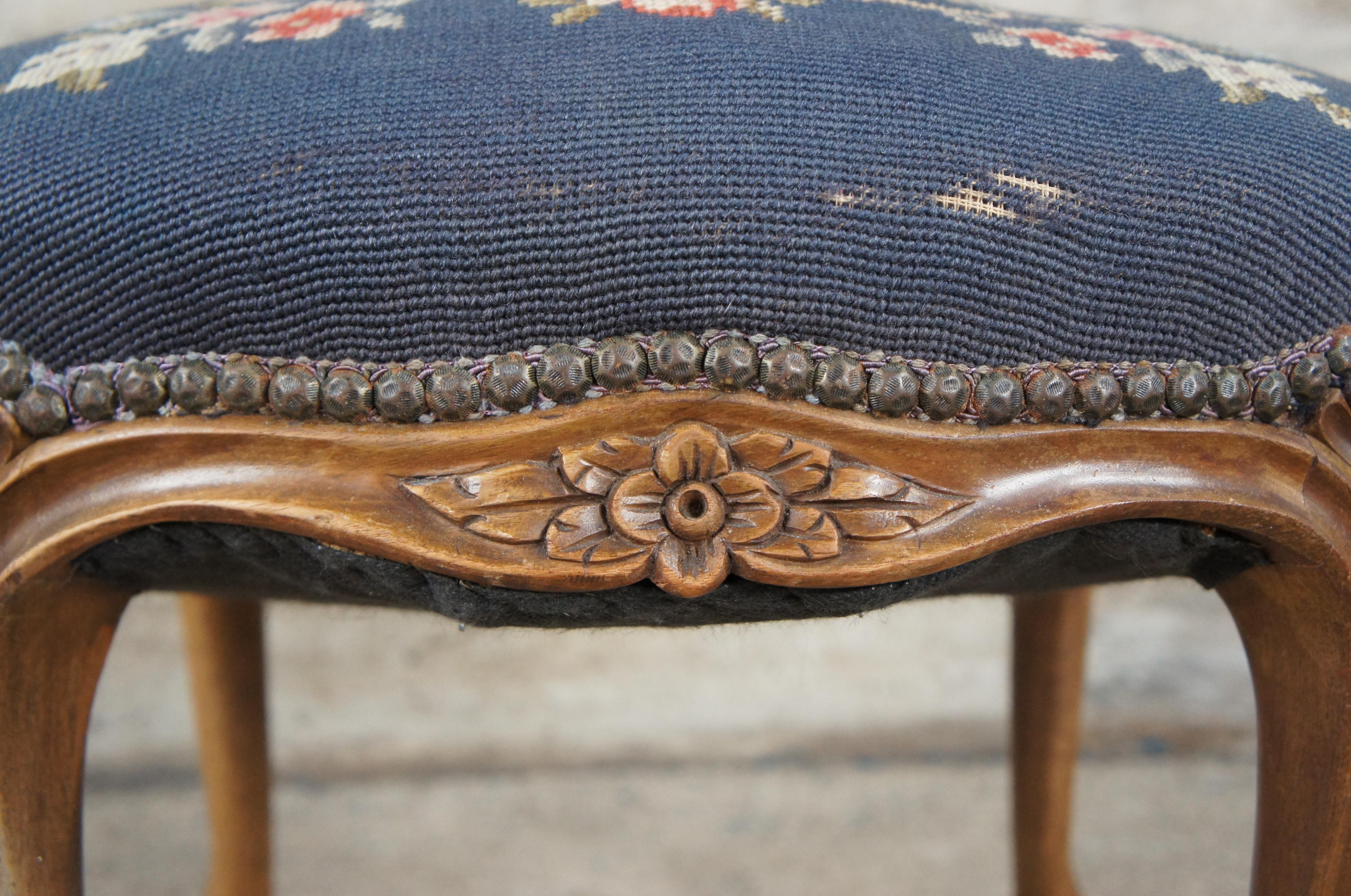 Antique French Provincial Walnut Needlepoint Stool Foot Rest Ottoman Seat 2