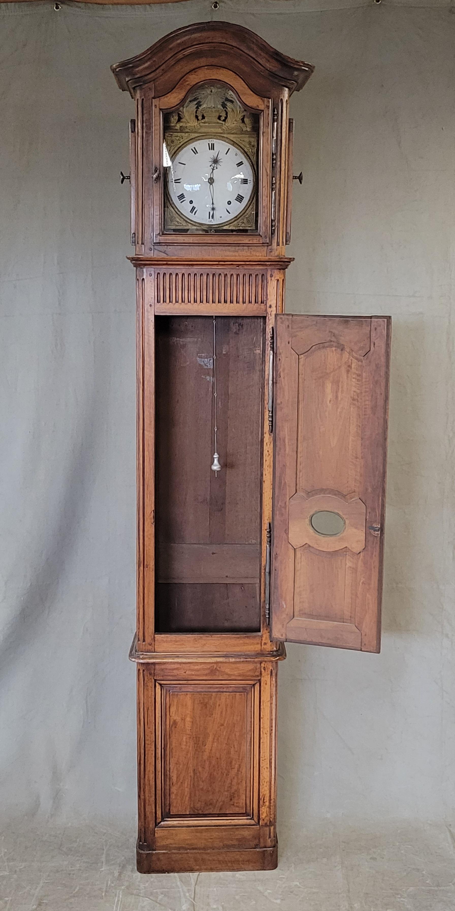 Brass Antique French Provincial Walnut Tall Case Clock