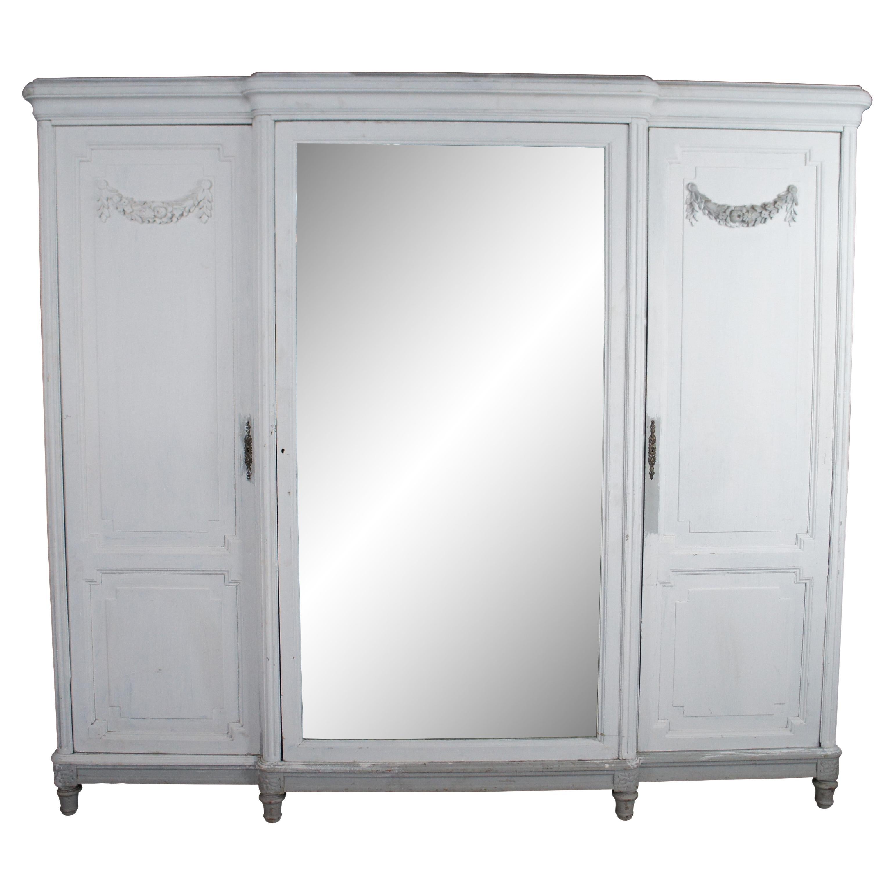 Antique French Provinvial Neoclassical Knockdown Mirroed Armoire Wardrobe 89"