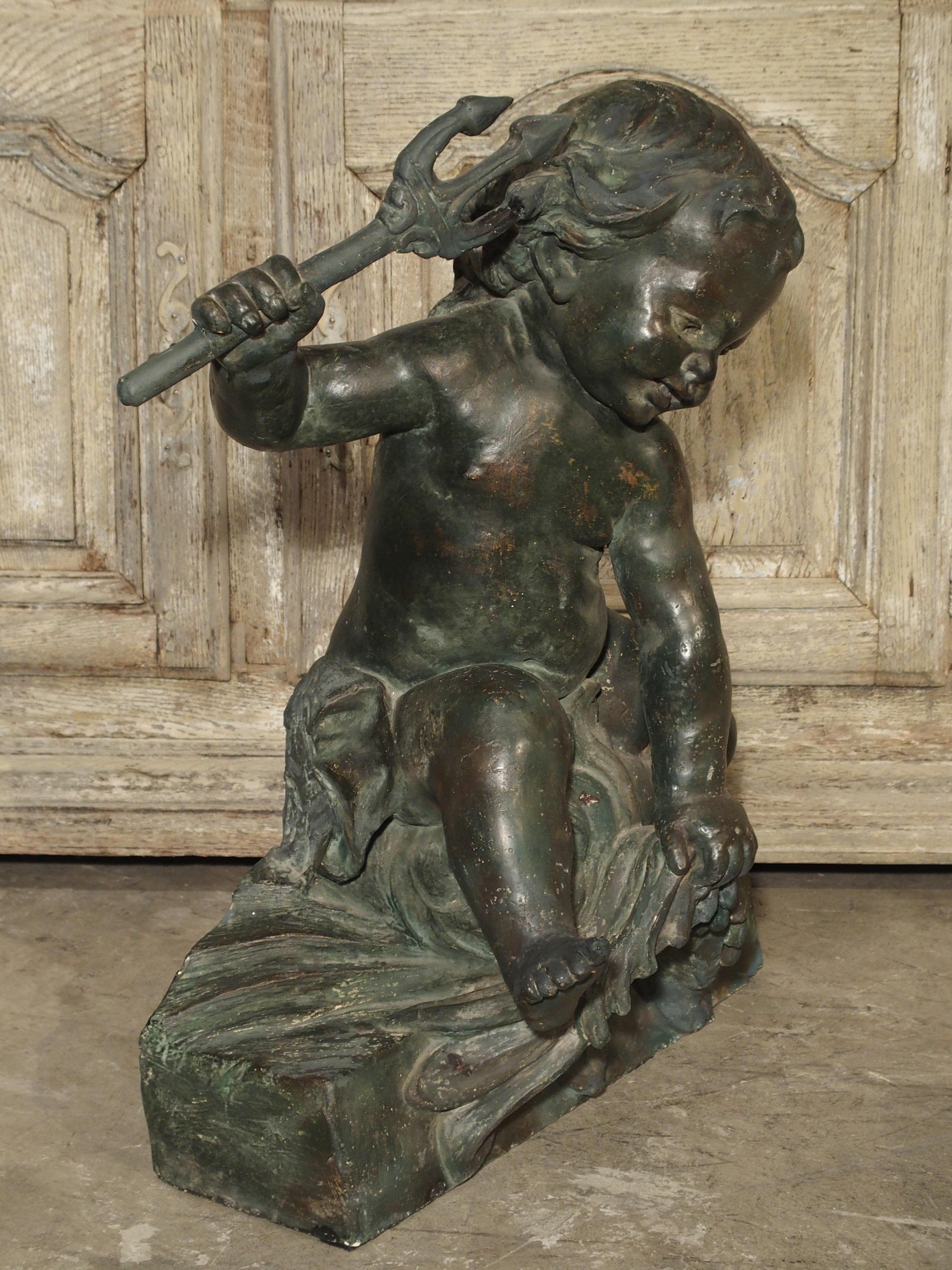 Antique French Putti Triton on Dolphin Sculpture, circa 1890 3