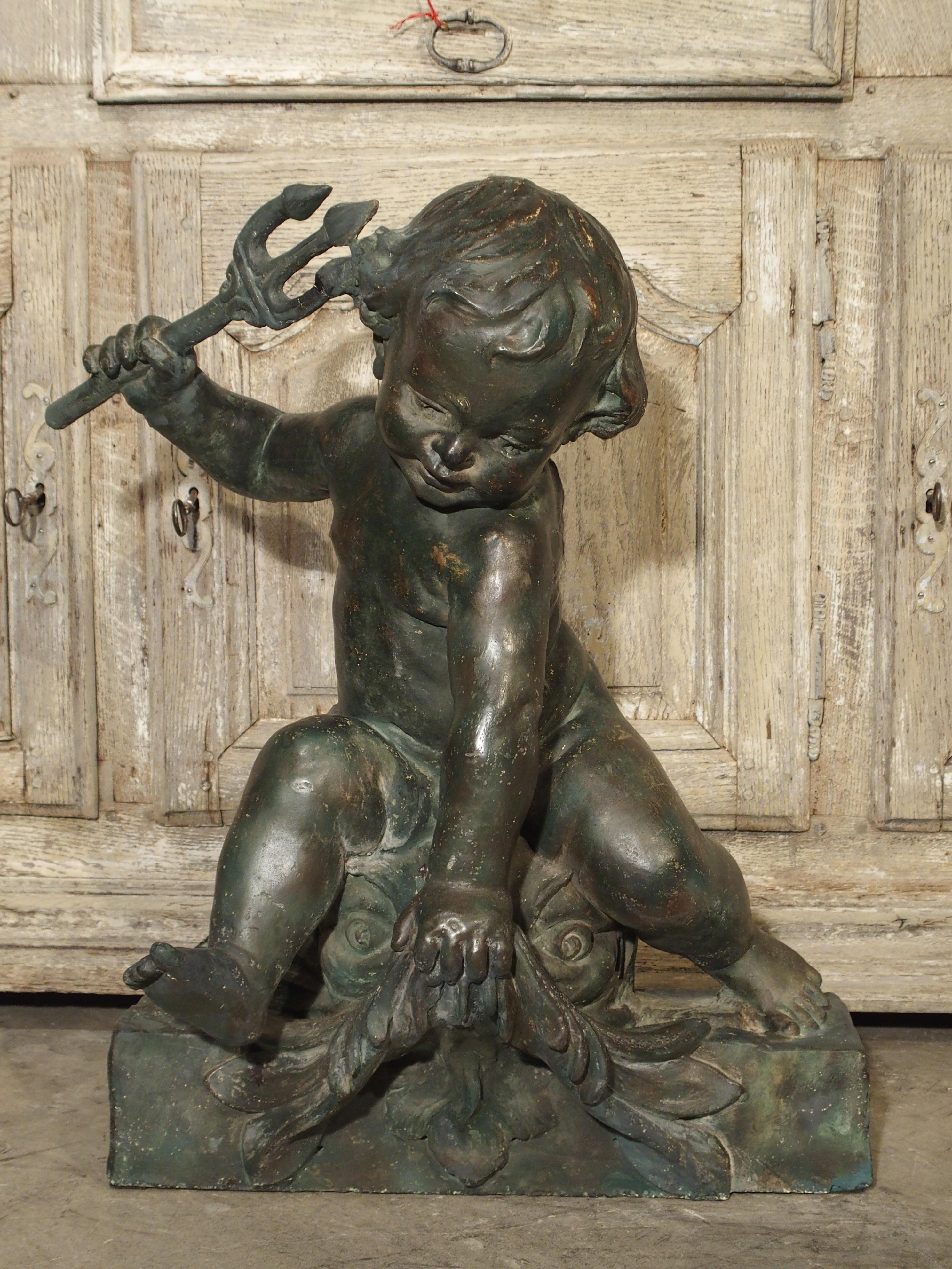 Antique French Putti Triton on Dolphin Sculpture, circa 1890 7