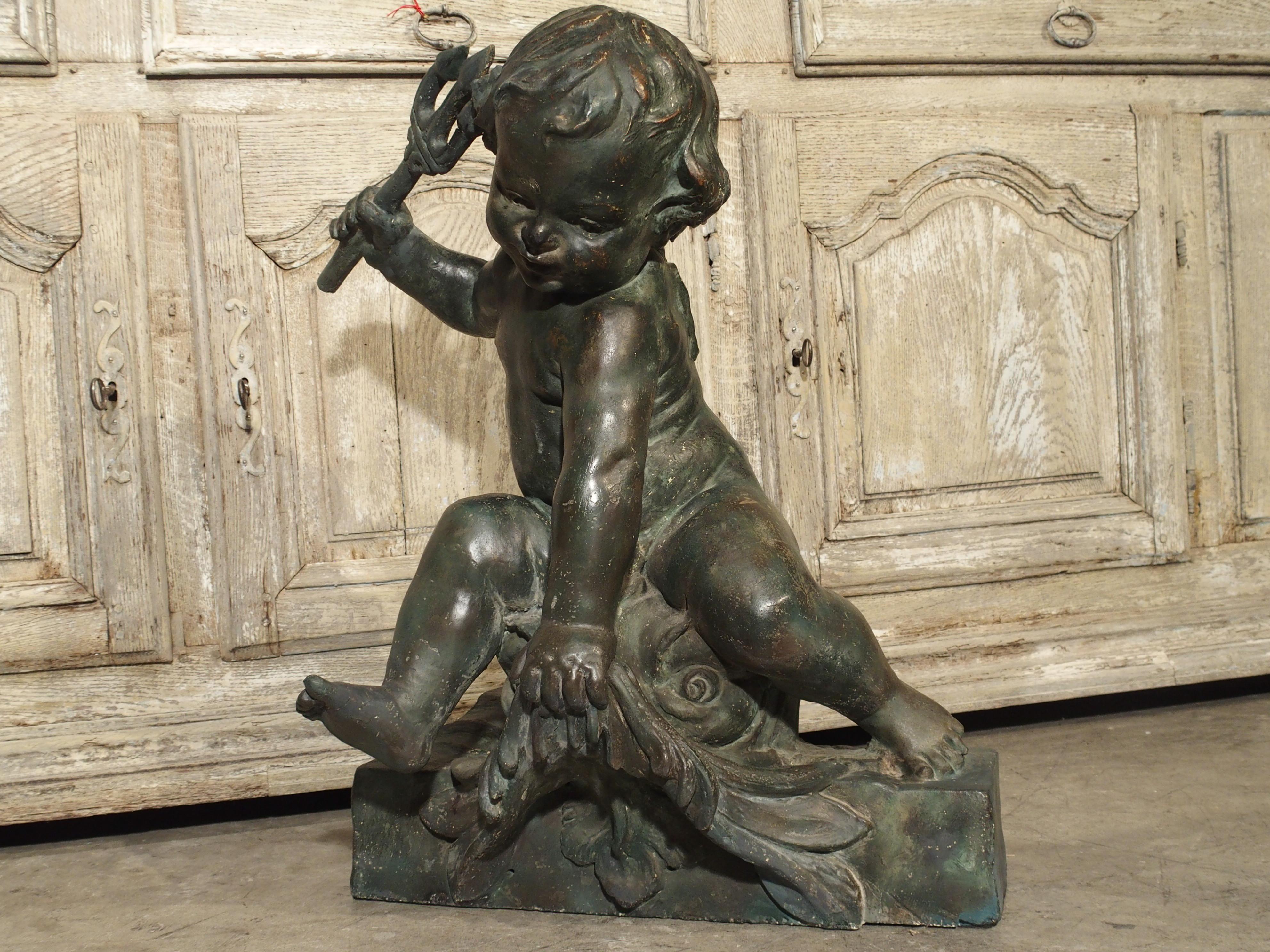 Antique French Putti Triton on Dolphin Sculpture, circa 1890 In Good Condition In Dallas, TX