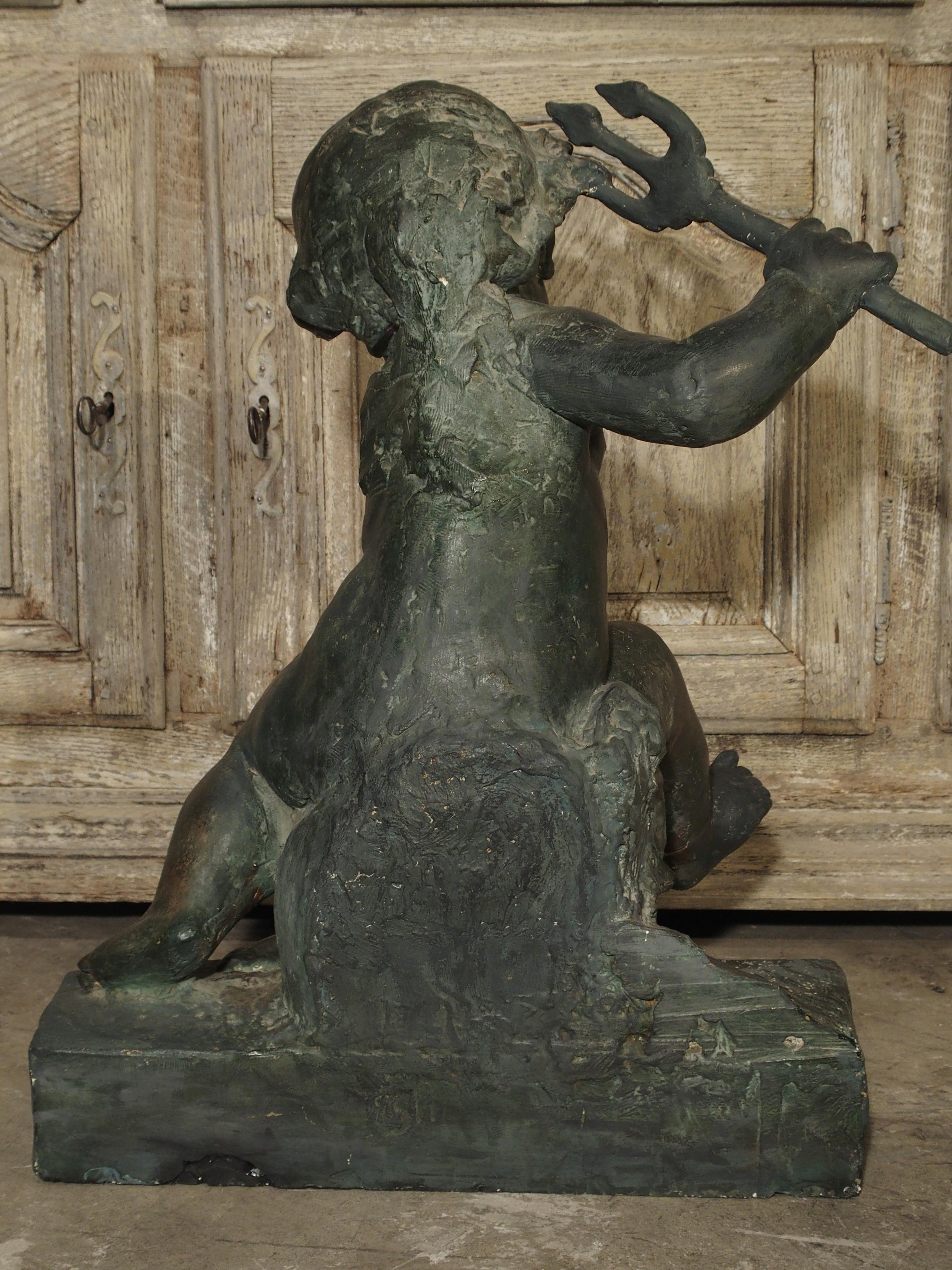 Plaster Antique French Putti Triton on Dolphin Sculpture, circa 1890