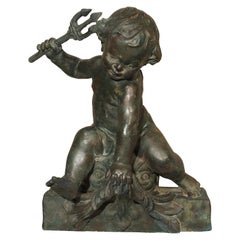 Antique French Putti Triton on Dolphin Sculpture, circa 1890