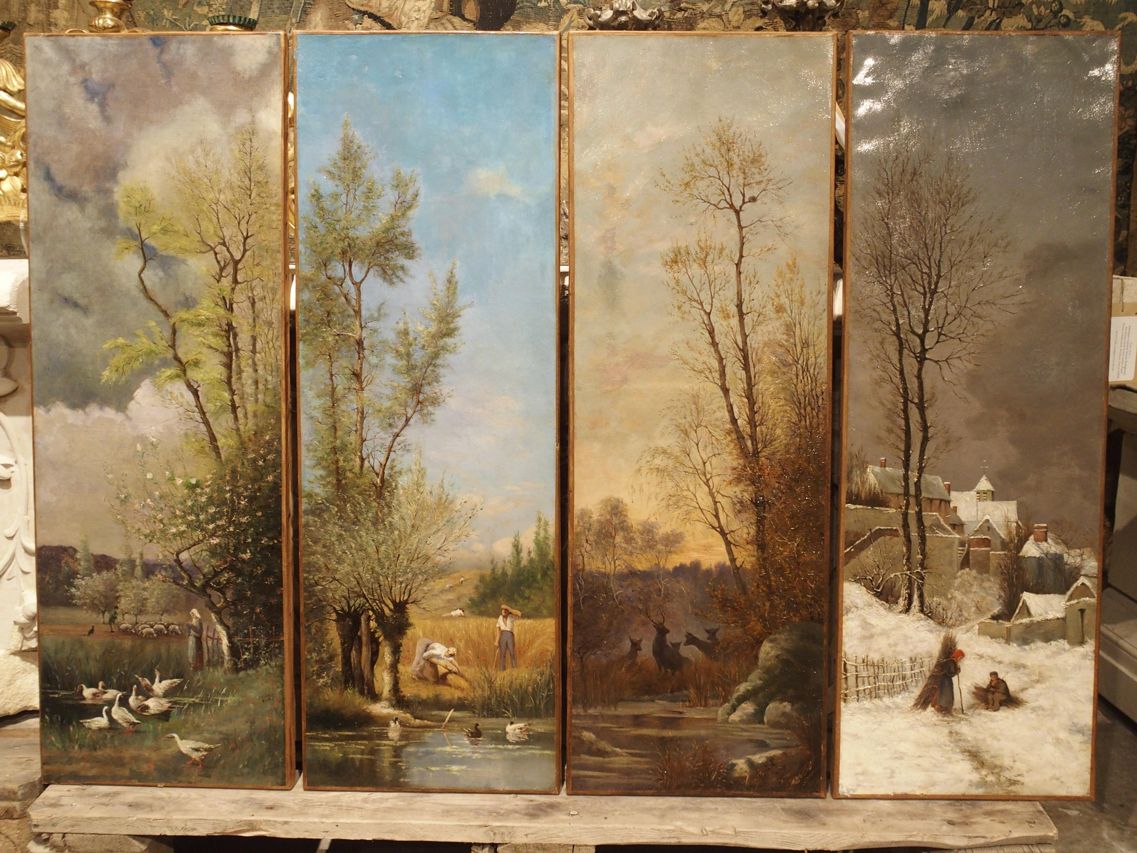 Antique French Quadriptych of the Four Seasons, Oil on Canvas, 19th Century 15