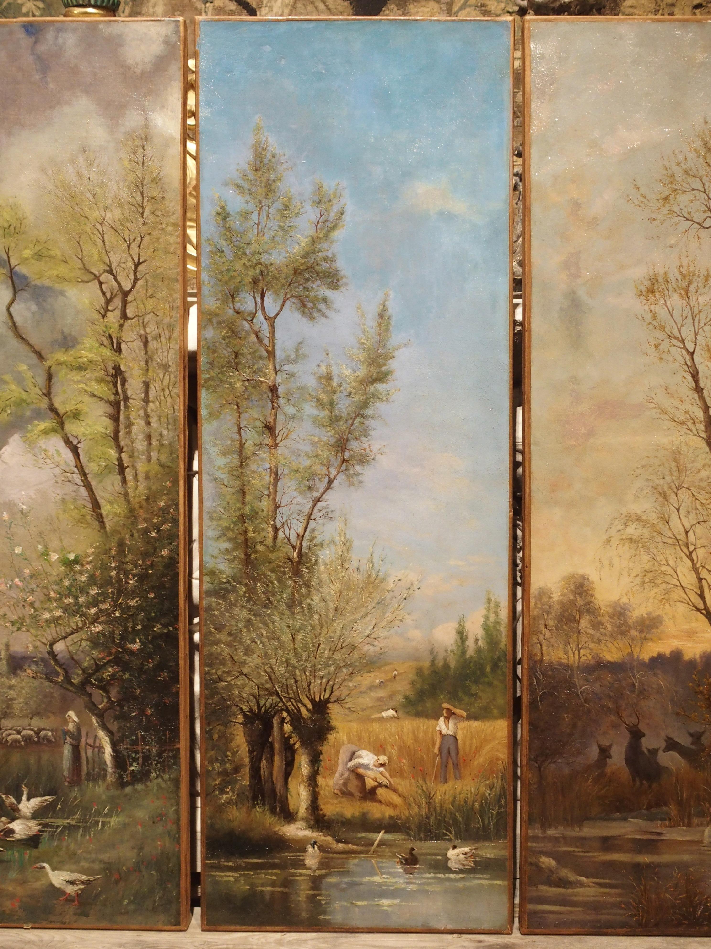 Hand-Painted Antique French Quadriptych of the Four Seasons, Oil on Canvas, 19th Century