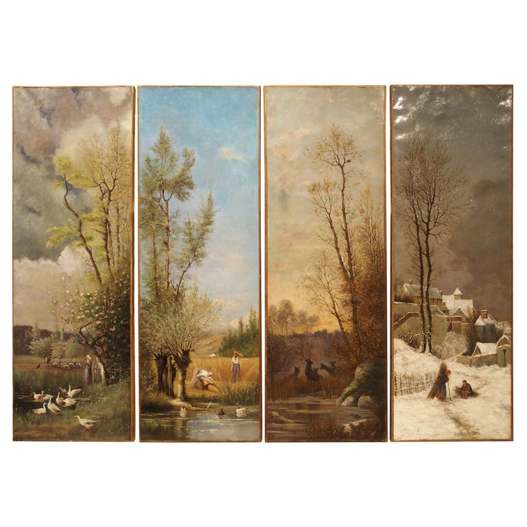 Antique French Quadriptych of the Four Seasons, Oil on Canvas, 19th