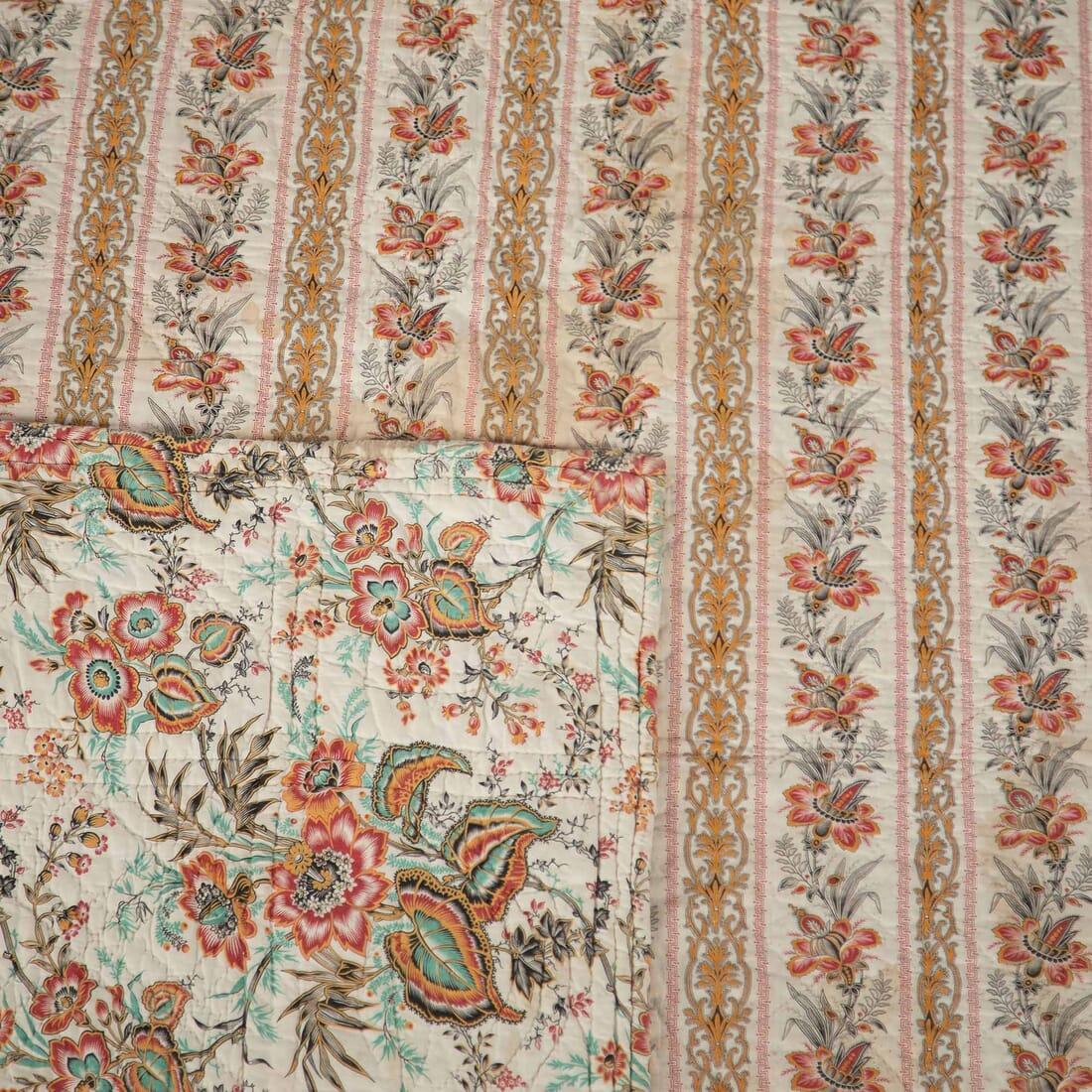 French Provincial Antique French Quilt with Floral Decoration