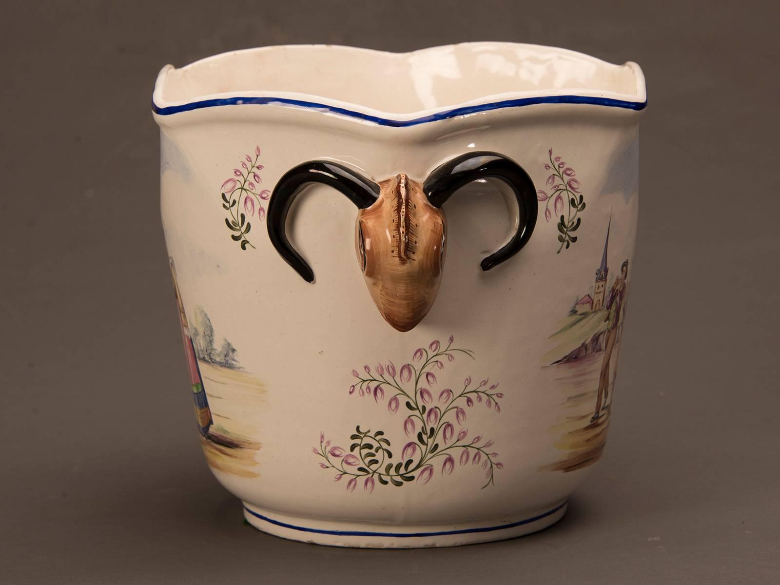 Hand-Painted Antique French Quimper Cachepot Planter, France, circa 1890 For Sale