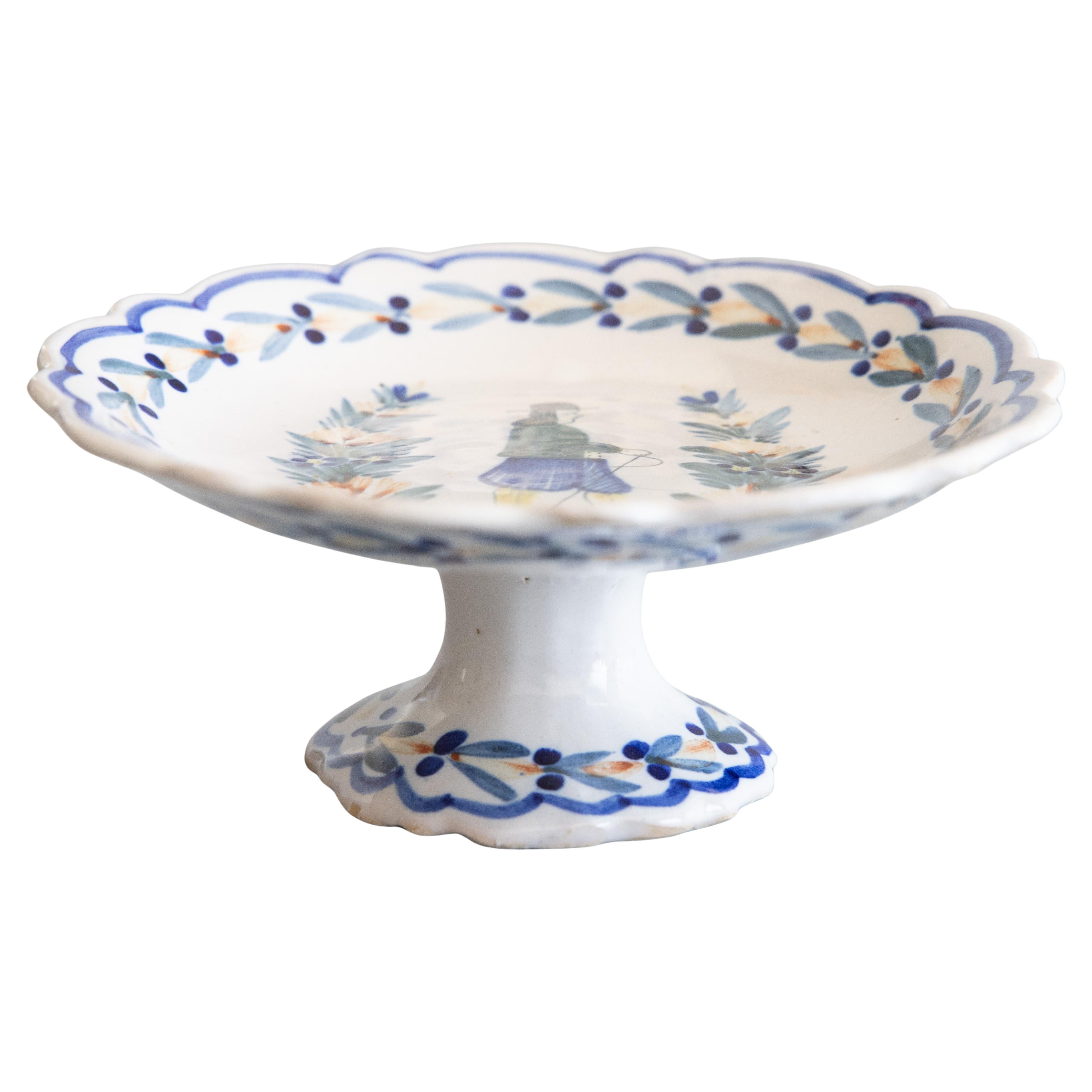 Antique French Quimper Faience Scalloped Compote Pedestal Dish, circa 1900 For Sale