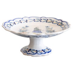Antique French Quimper Faience Scalloped Compote Pedestal Dish, circa 1900