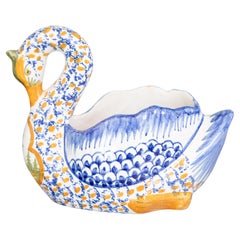 Antique Jardiniere Swan Cachepot en Faience de Quimper Française