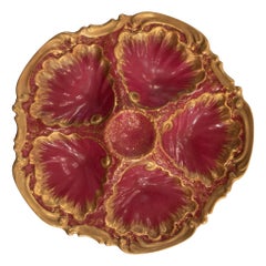 Antique French Raspberry and Gold Limoges Porcelain Oyster Plate, circa 1890s