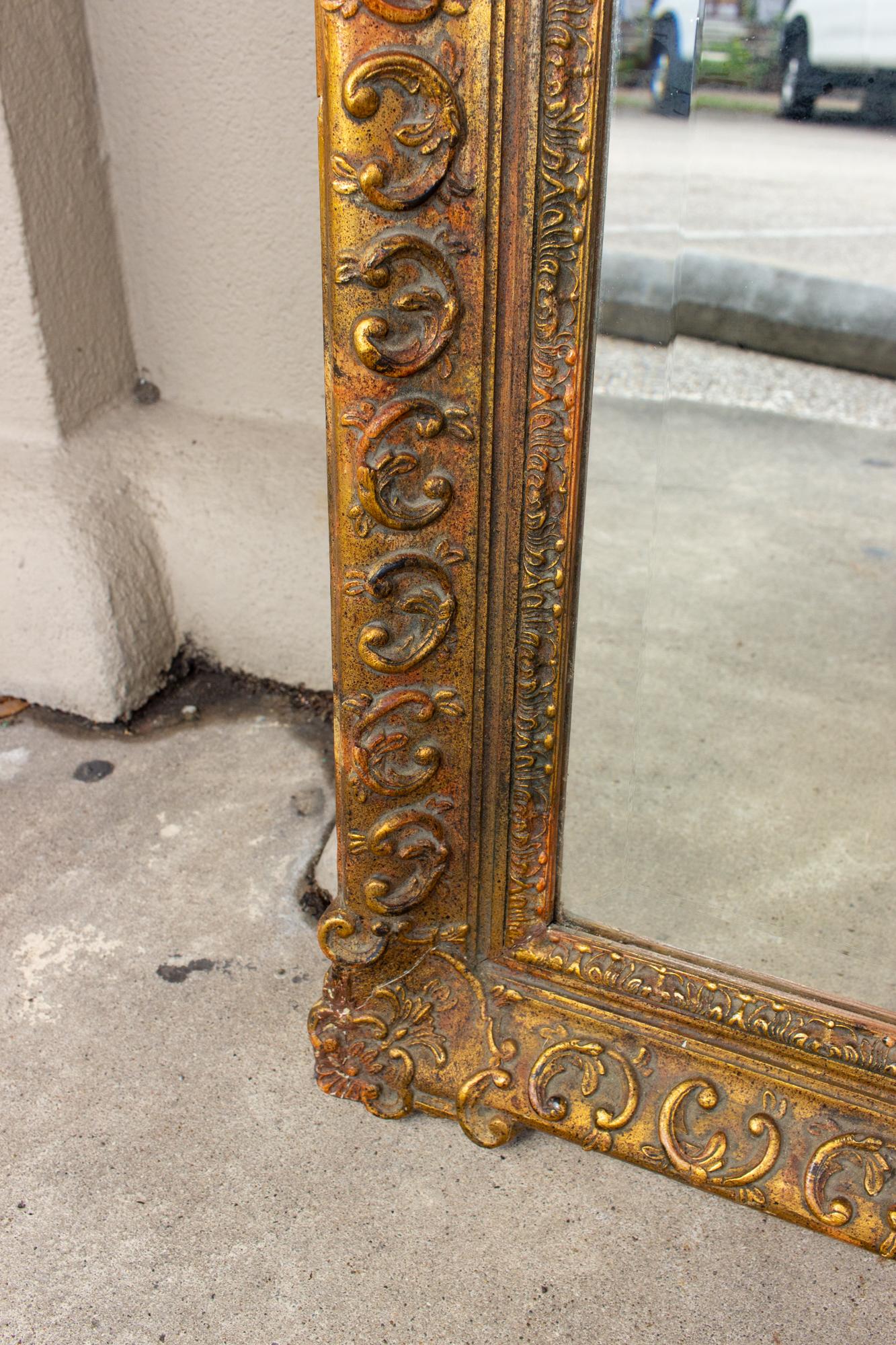 Antique French Rectangular Floral & Gilt Frame Mirror with Beveled Glass Detail 5