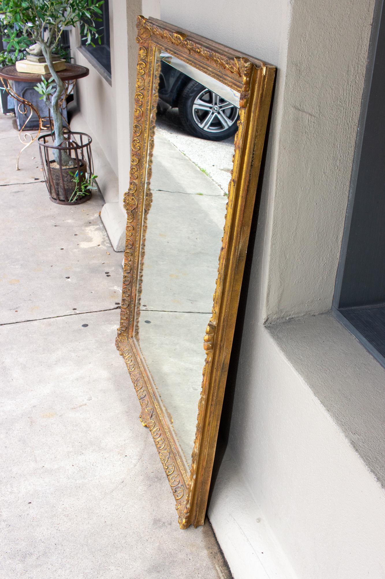 Antique French Rectangular Floral & Gilt Frame Mirror with Beveled Glass Detail 8
