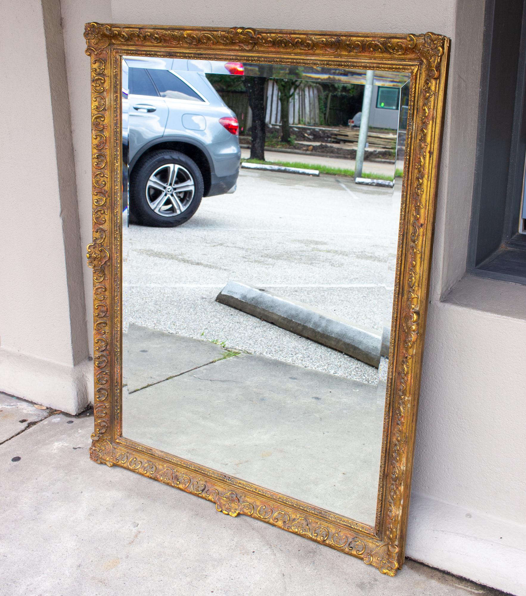 Rococo Revival Antique French Rectangular Floral & Gilt Frame Mirror with Beveled Glass Detail
