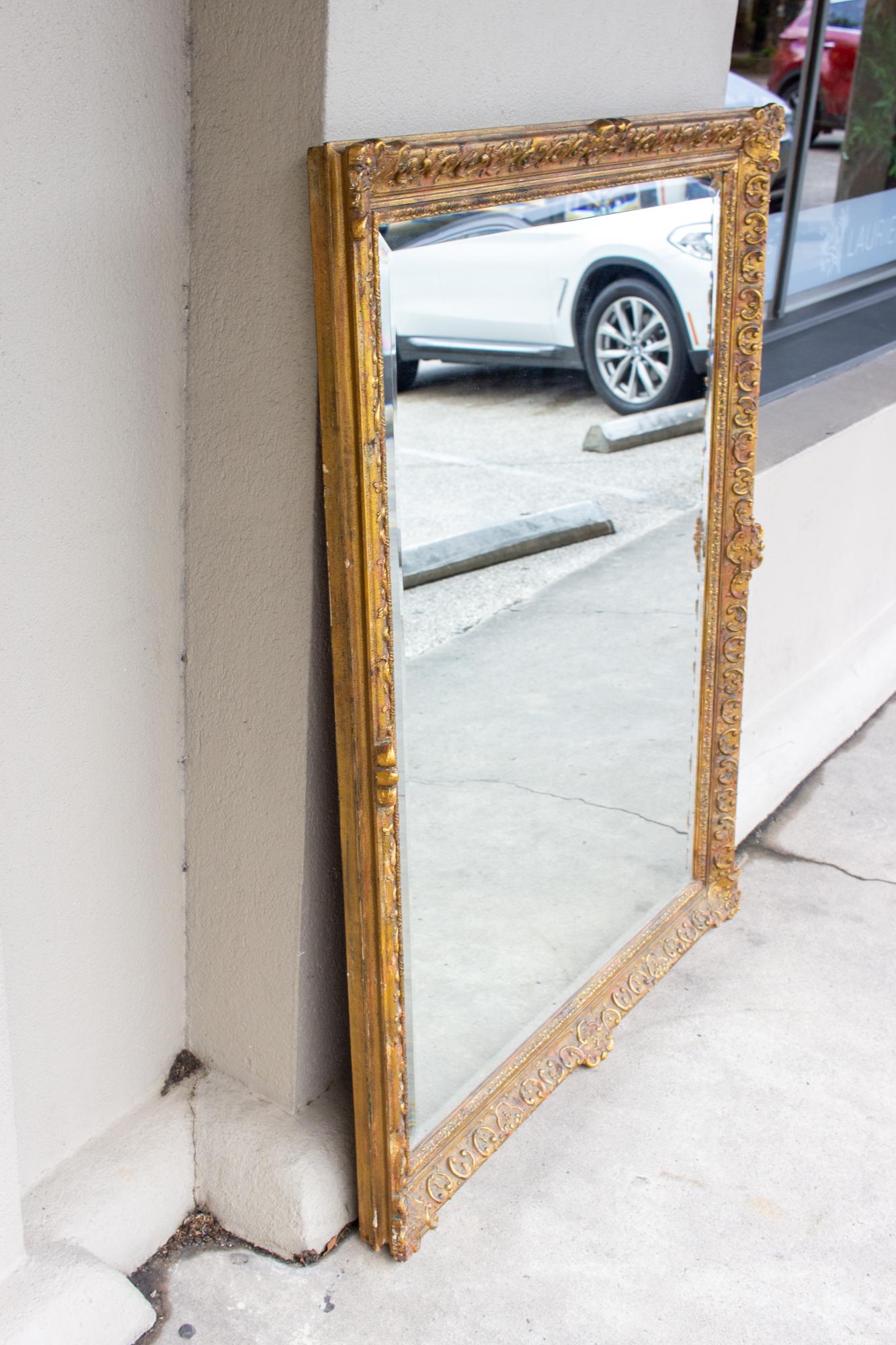 Antique French Rectangular Floral & Gilt Frame Mirror with Beveled Glass Detail In Good Condition In Houston, TX