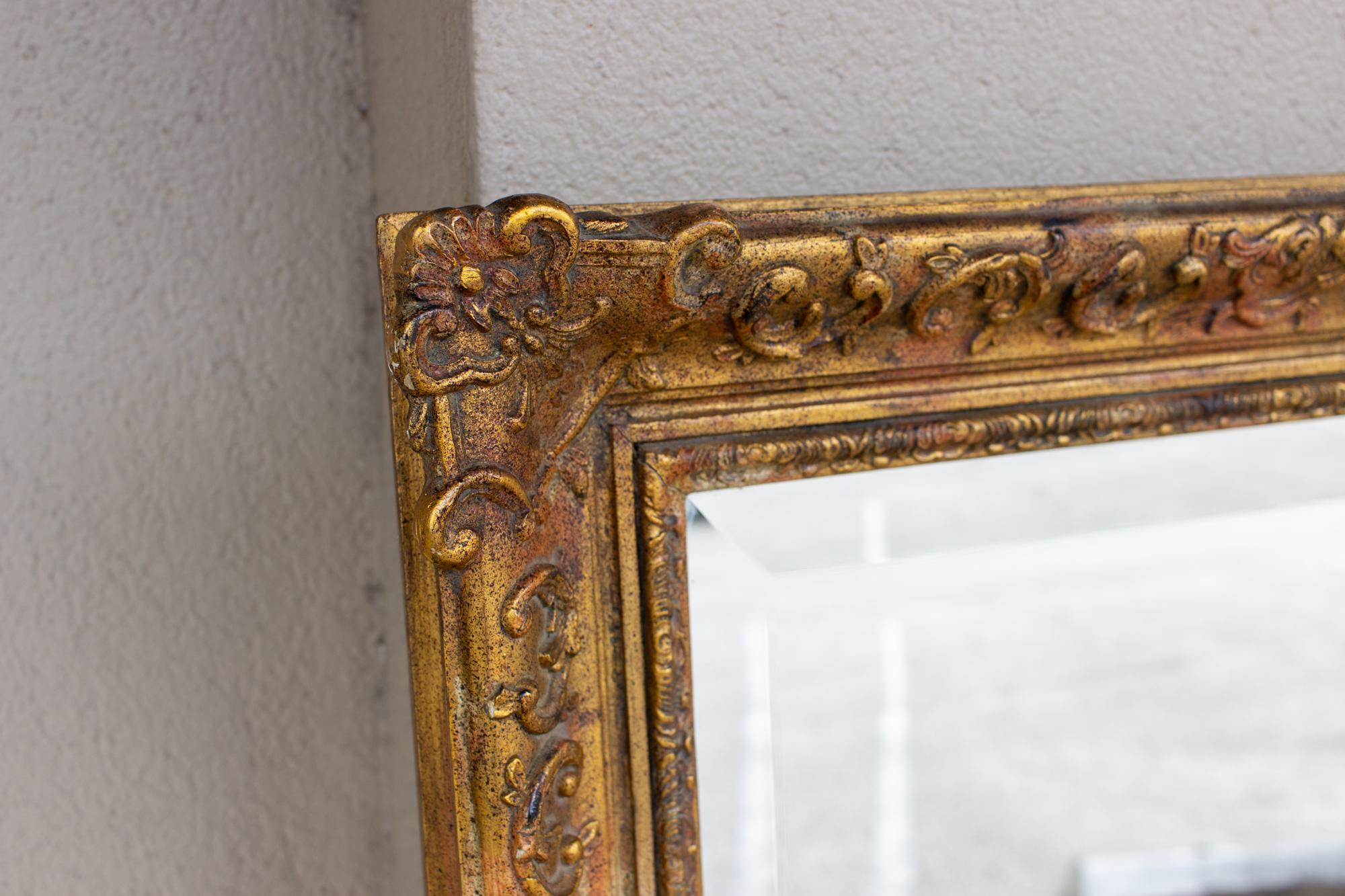 20th Century Antique French Rectangular Floral & Gilt Frame Mirror with Beveled Glass Detail