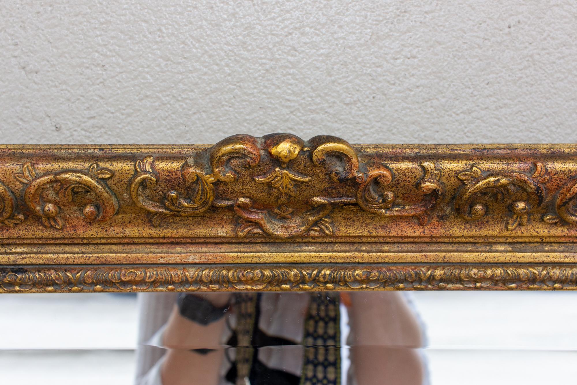 Gesso Antique French Rectangular Floral & Gilt Frame Mirror with Beveled Glass Detail