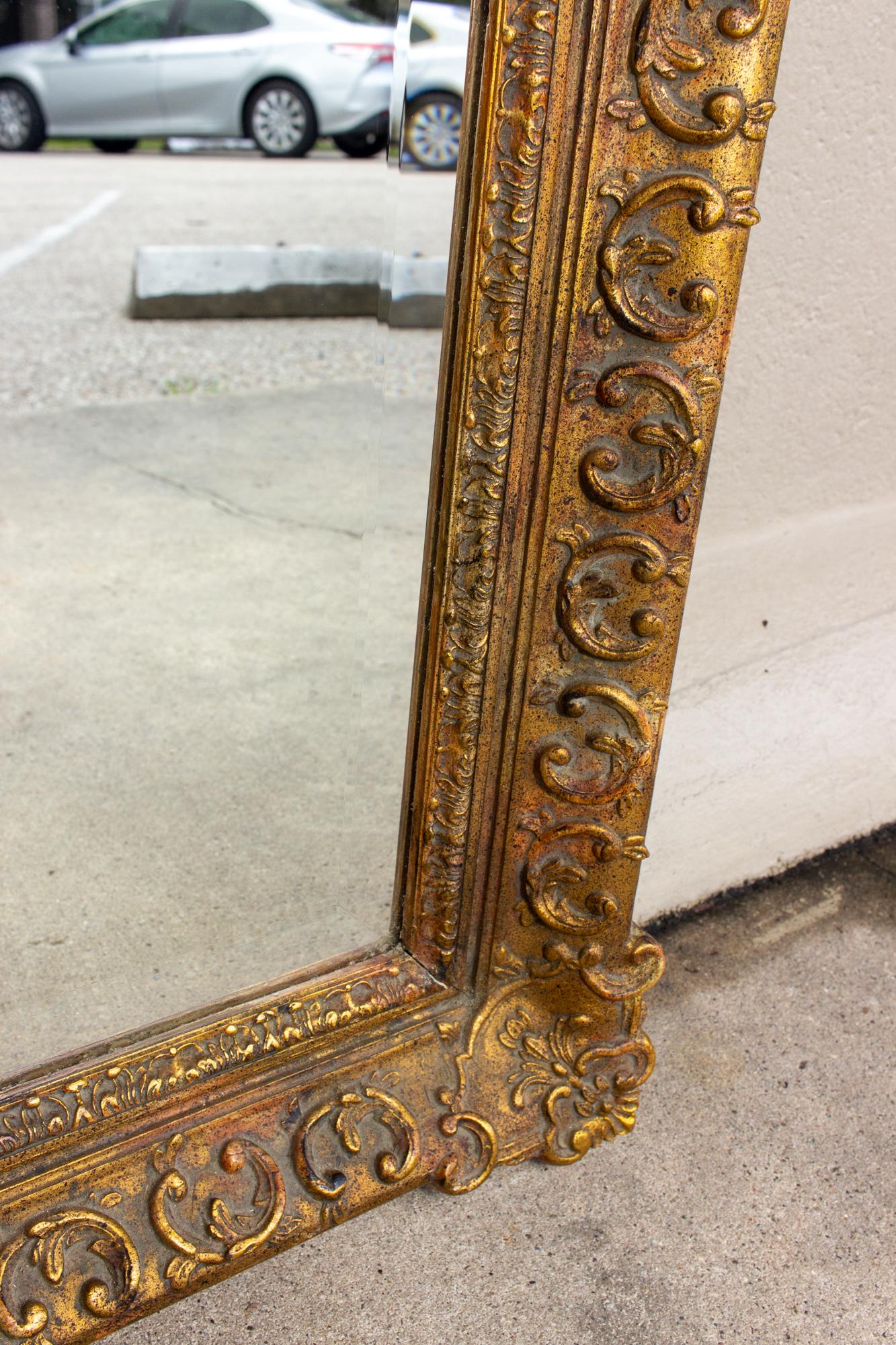 Antique French Rectangular Floral & Gilt Frame Mirror with Beveled Glass Detail 3